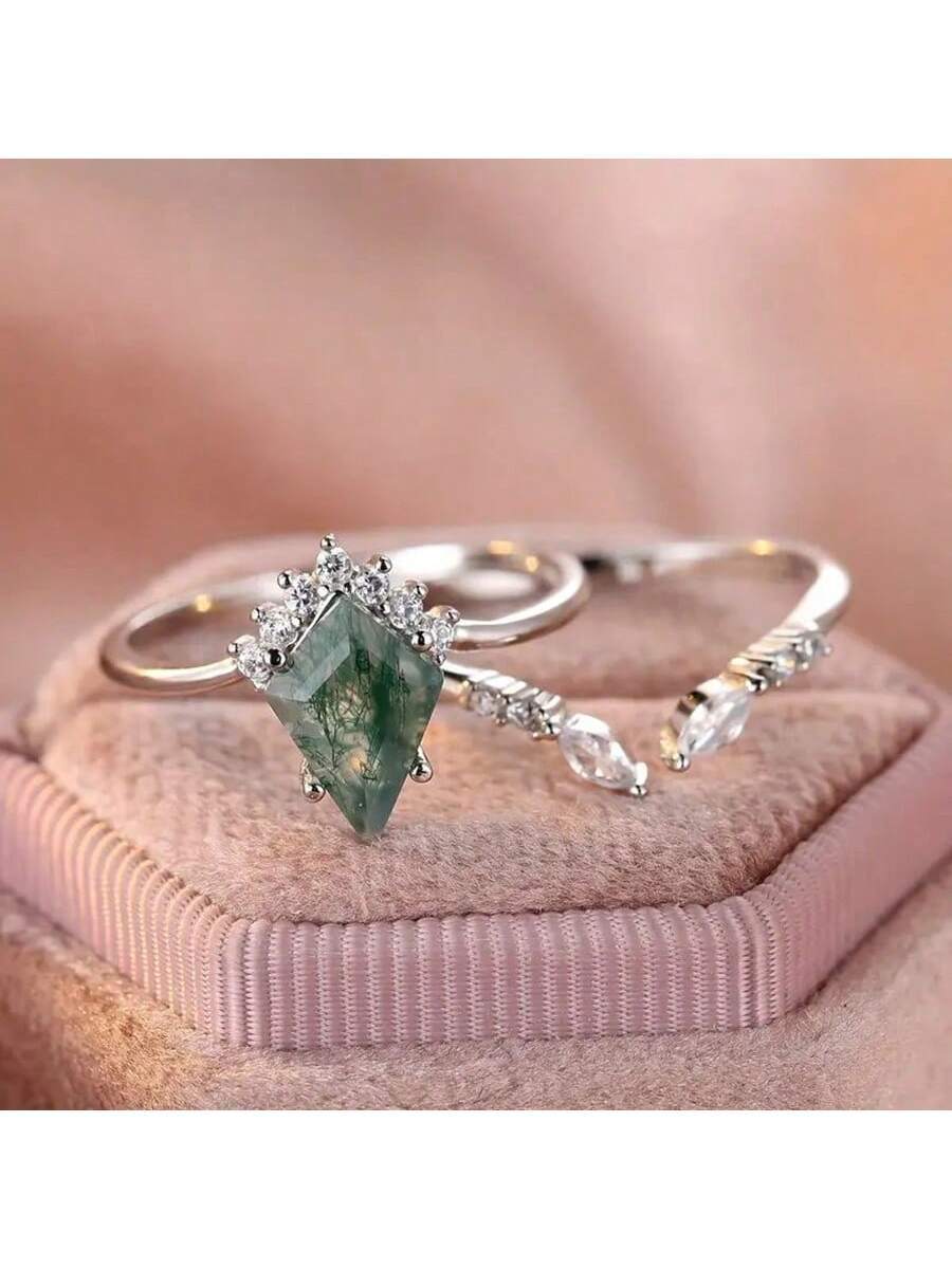 1pc Elegant Sterling Silver Princess Cut Green Agate With Cubic Zirconia & Small White Stones Bridal Set Ring, Suitable For Engagement, Anniversary, Birthday, Or Wedding Gift