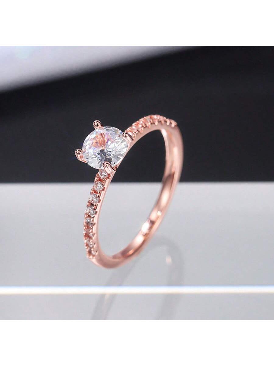 1pc Fashionable Rose Gold Princess Cut/Circle Cut/Twist Detail Engagement, Wedding Ring For Women-Rose Gold-1