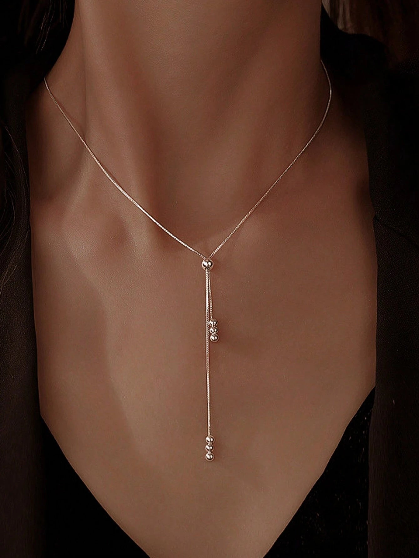 S925 Sterling Silver Necklace Round Bead Tassel Necklace Women's Clavicle Chain Adjustable Necklace