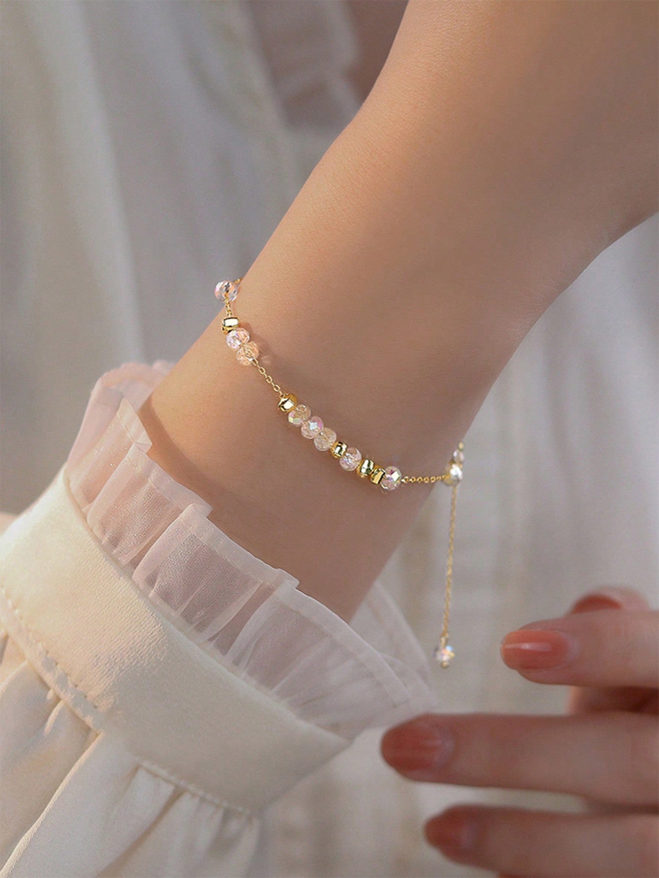 1pc Delicate & Light Luxury S925 Sterling Silver Irregular Magic Beads Bracelet Women Simple Small Fresh Cute Sweet Design Ins Wind Hand Jewelry For Girl/Women/Girlfriend,Friend,Lover,Birthday Gift Idea,Fine Jewelry Gift-Gold-1