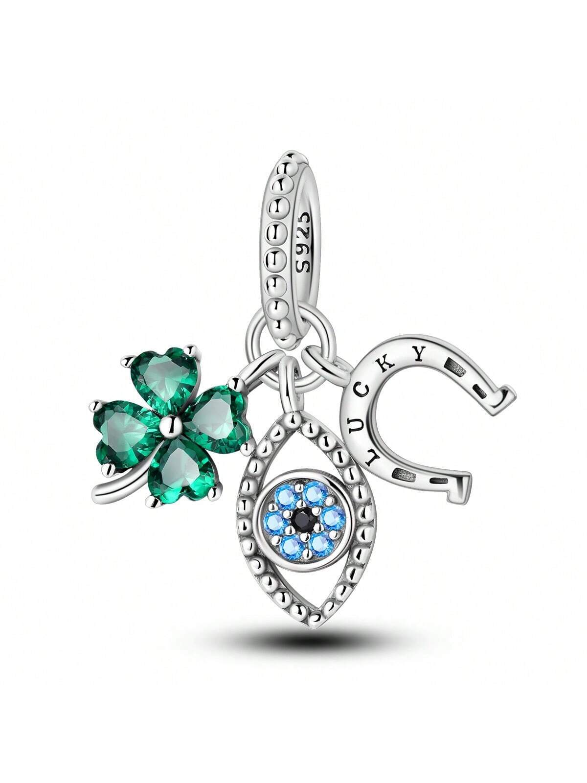 Lucky Four-Leaf Clover Blue-Eyed Horseshoe Charms Pendant Fit Original Bracelet Necklace Women 925 Sterling Silver Fine DIY Beads Jewelry Birthday Gift