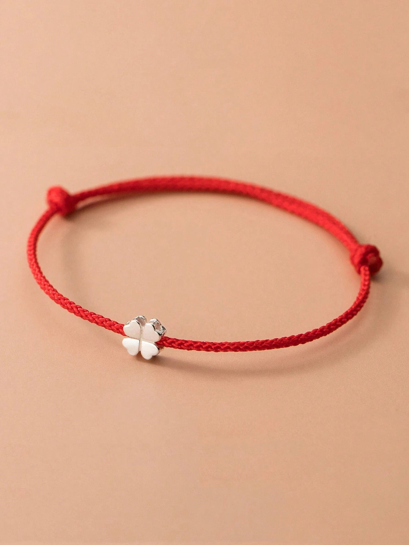 HuooNew pc Simple 925 Sterling Silver Clover Charm Red Cord Braided Bracelet, Adjustable, Suitable For Daily Wear