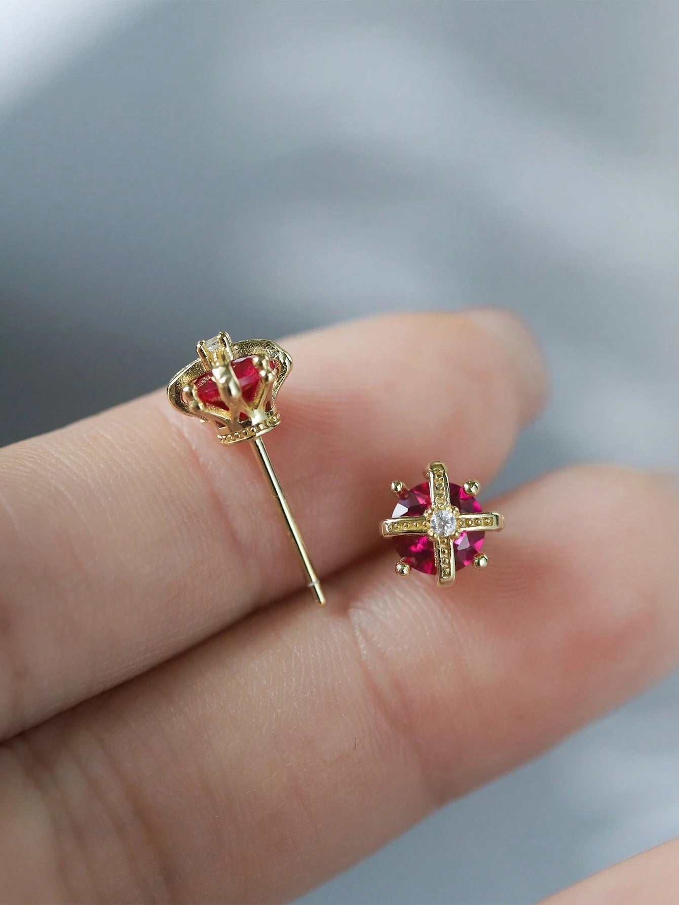 S925 Sterling Silver 14K Gold-Plated Body Crown Shaped Earrings, Elegant & Exquisite Red Diamond Decorated Stylish Earrings