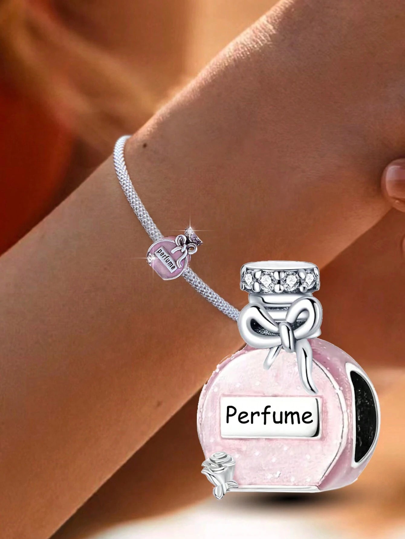 Pc Fashionable 925 Sterling Silver Pink Two Sides Bowknot Camellia Perfume Bottle Charm Bead Fit For Women Bracelets Bangles DIY Jewelry Making And Daily Outfit Matching Jewelry Decoration For Girls