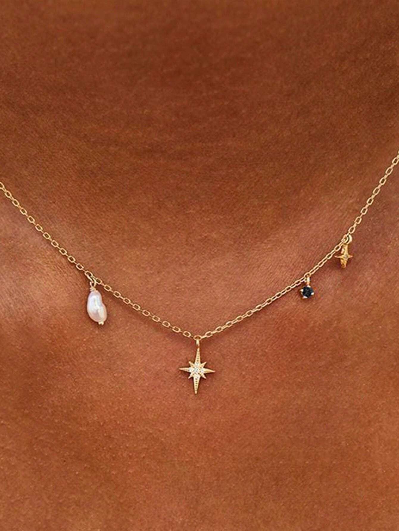 1pc Exquisite Cubic Zirconia Decor Star & Cultured Faux Pearl Sterling Silver Pendant Necklace For Women For Daily Decoration Holiday