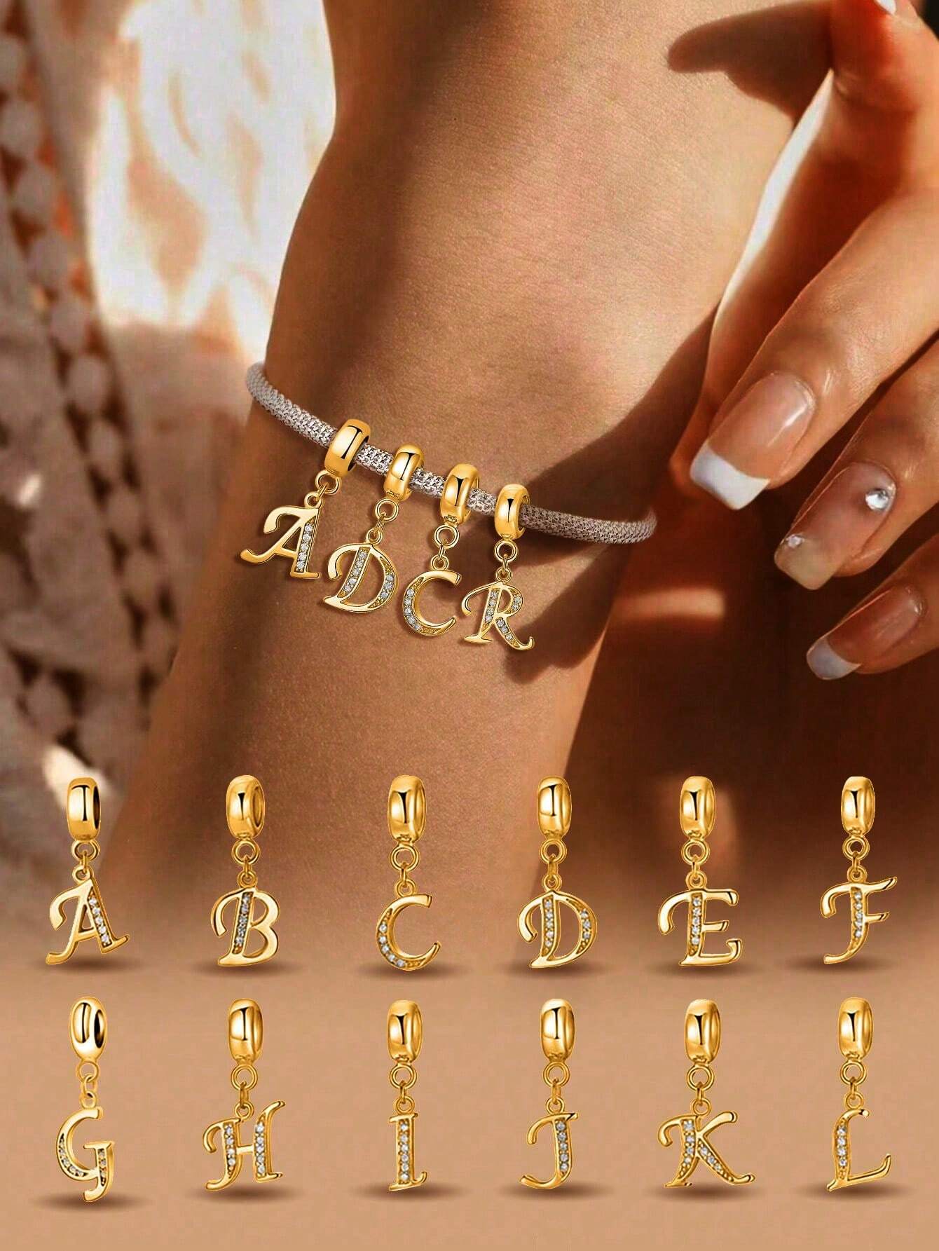 Esberry 1 Pc Of Fashionable Real S925 Sterling Silver A-Z Letters Ziconia Charm Bead For Women Fit Bracelets Bangles DIY Trendy Jewelry Making Gift Fine Ladies Jewellery