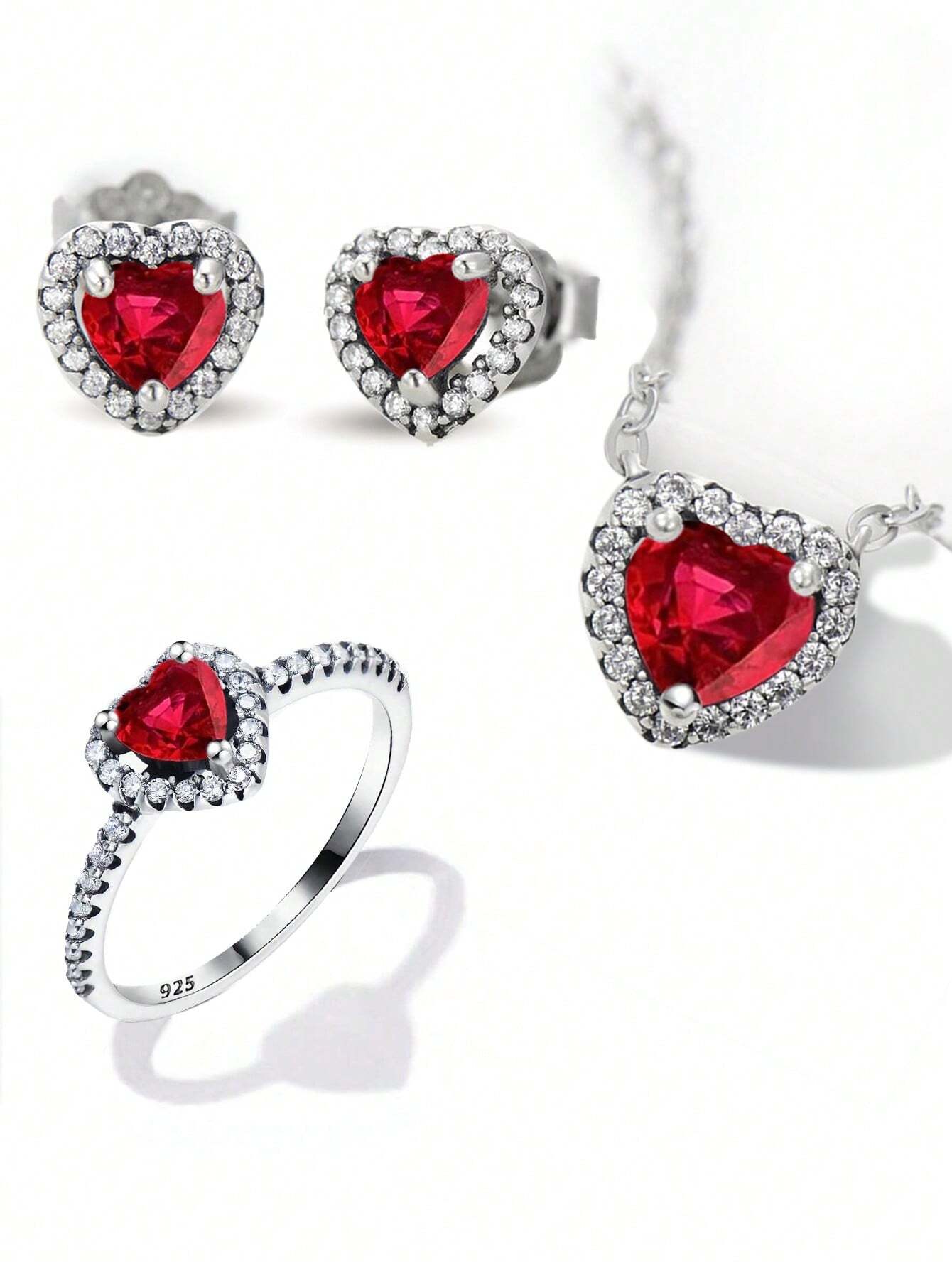 1pc Pure Silver Necklace, 1 Pair Of Pure Silver Earrings And 1pc Pure Silver Ring Jewelry Set, Featuring An Anti-Allergenic Design With Passionate Red Heart And Love Elements Matched With A Simple Yet Elegant Square-Shaped Red Cubic Zirconia, Highlight...