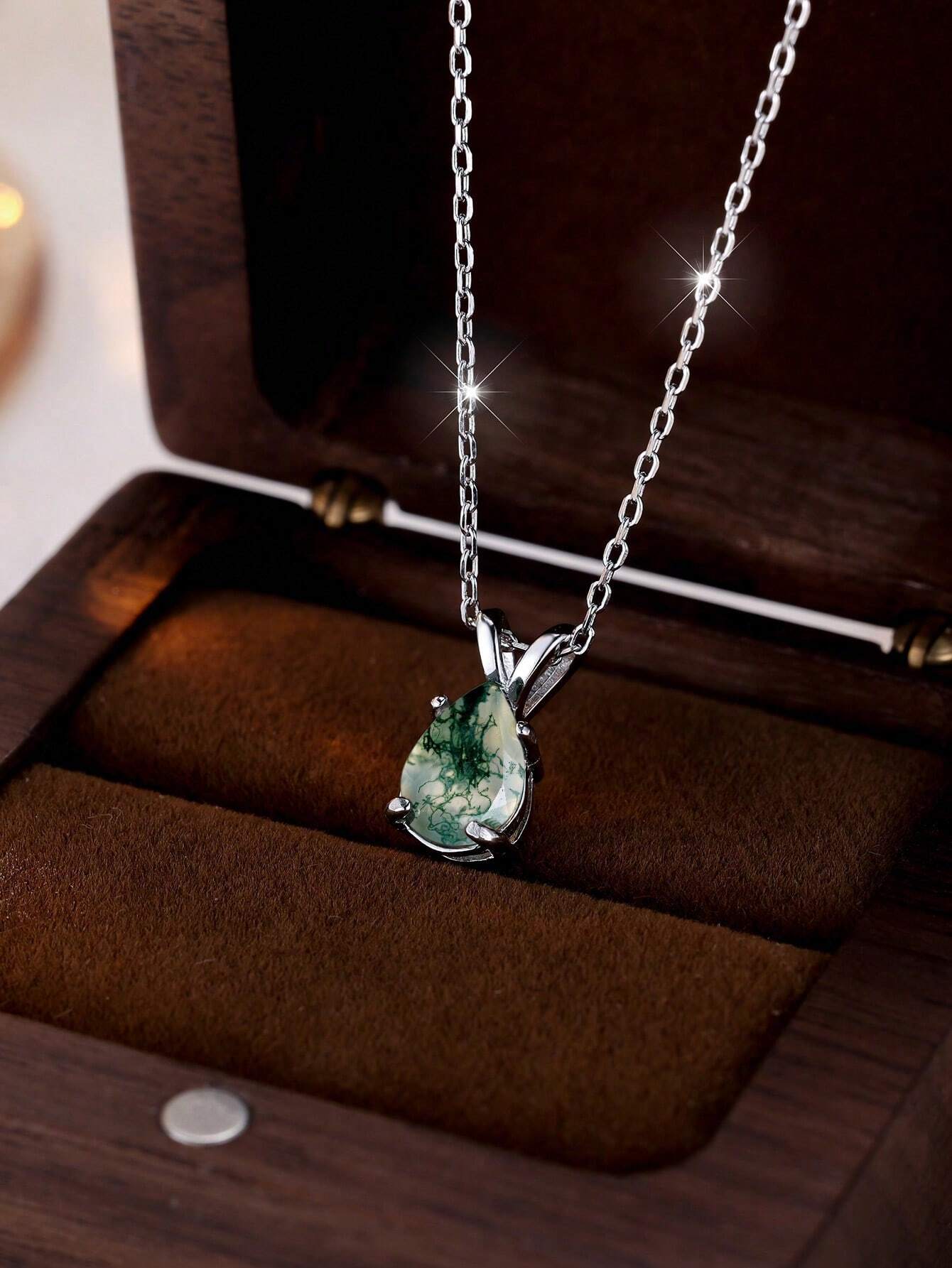 Green Natural Moss Agate Pendant Necklace, 925 Silver Adjustable Chain Decoration