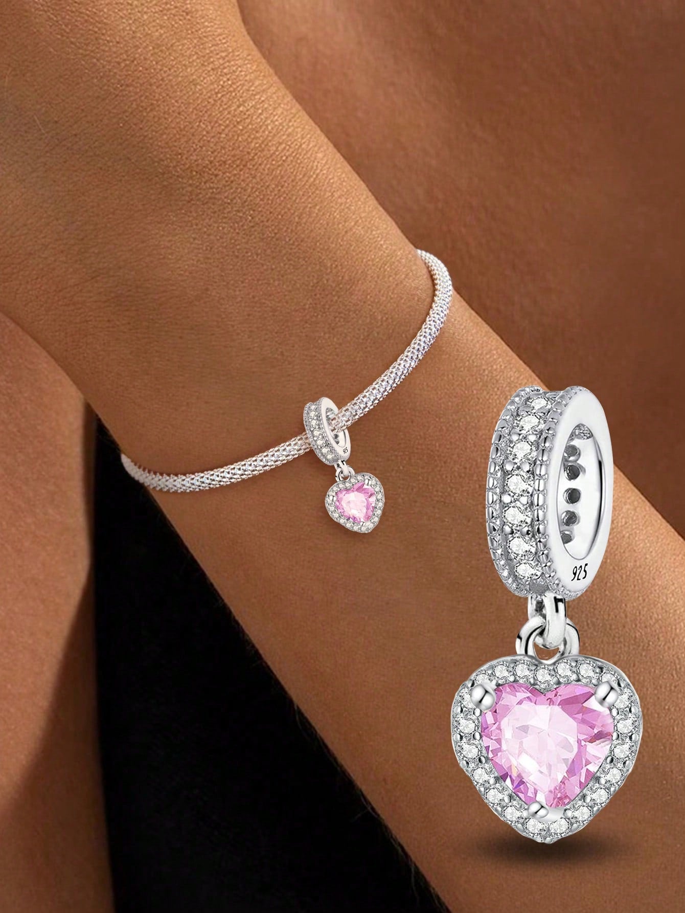 1 PC 925 Sterling Silver Pink Heart Bead Pendant Diamond Set Pendant Charm Pendant Ball Suitable For Bracelets DIY Women's Jewelry