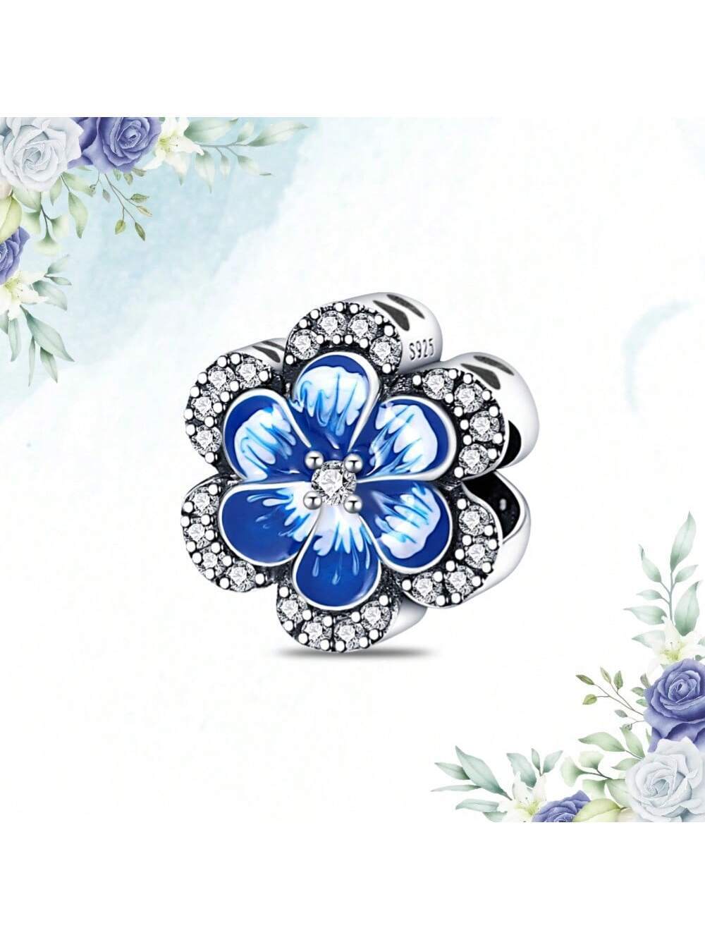 A 925 Sterling Silver Christmas Jewelry Gift For Valentine's Day Sweet Flower DIY Charm Blue Flower Imitation Gemstone Charms Oil Drop Gradient Flower String Fit For Women Bracelet And Necklace DIY Fine Valentine's Day Gift