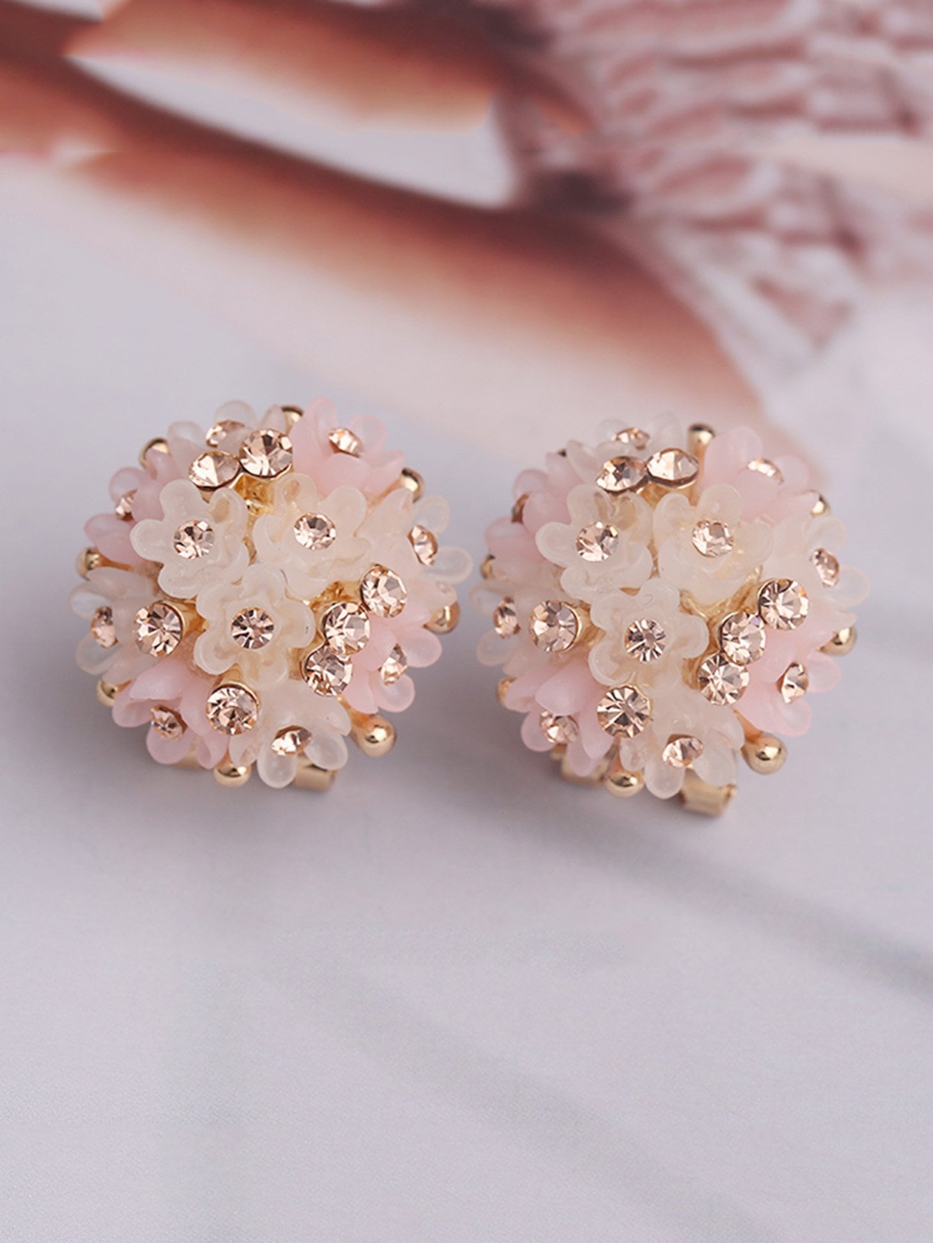 Rhinestone Detail Flower Stud Earrings 1pair-Pink-1