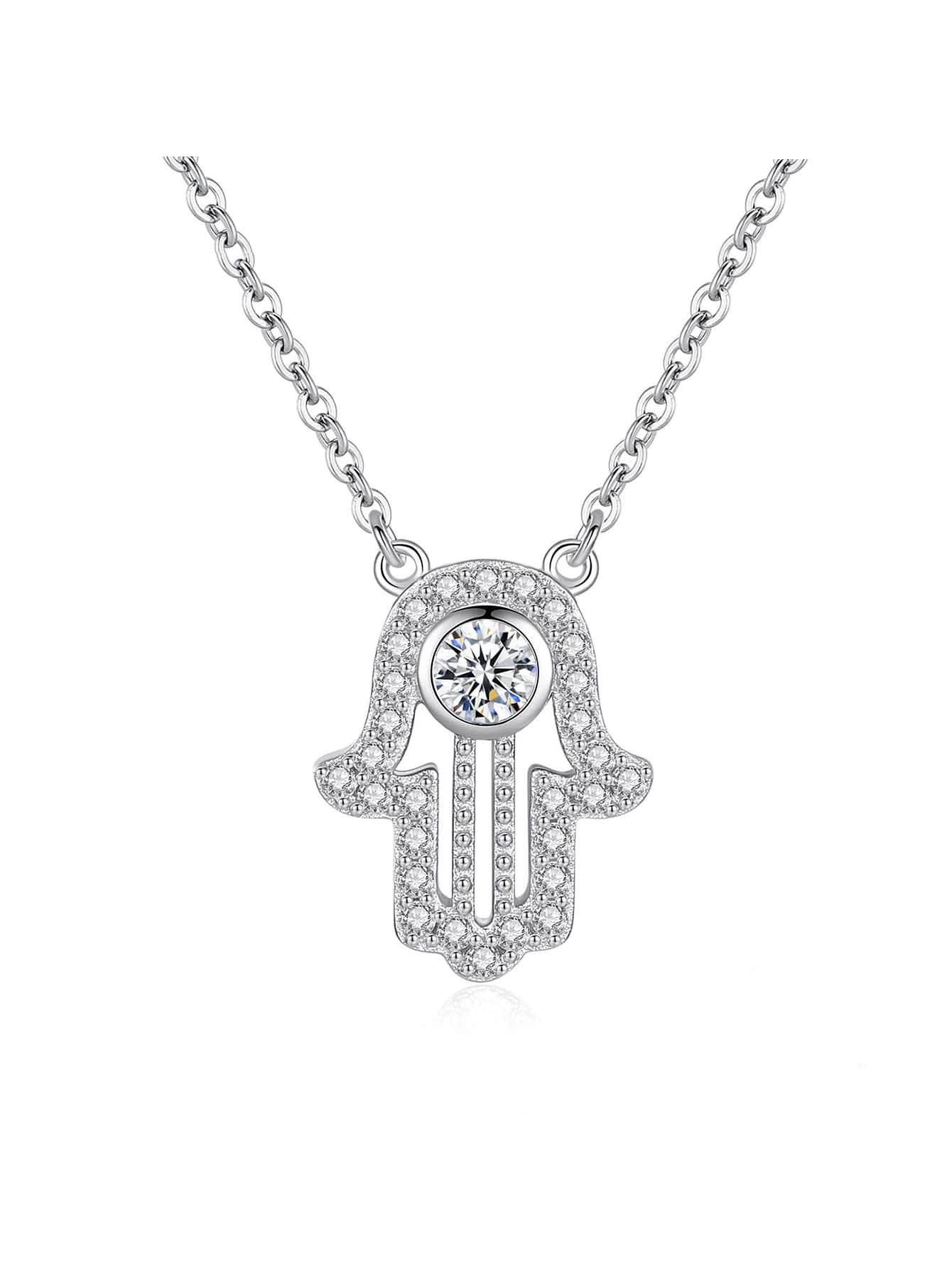 Cubic Zirconia Hamsa Hand Charm Silver Necklace For Women Bridal Wedding Fine Jewelry