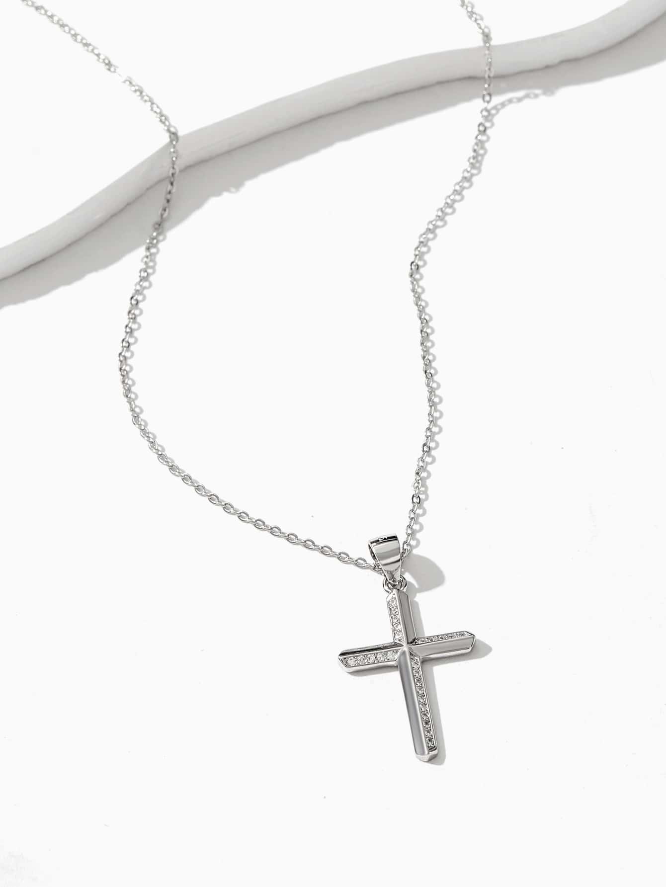 1pc Exquisite Cubic Zirconia Decor Cross Charm Silver Necklace For Men For Daily Decoration