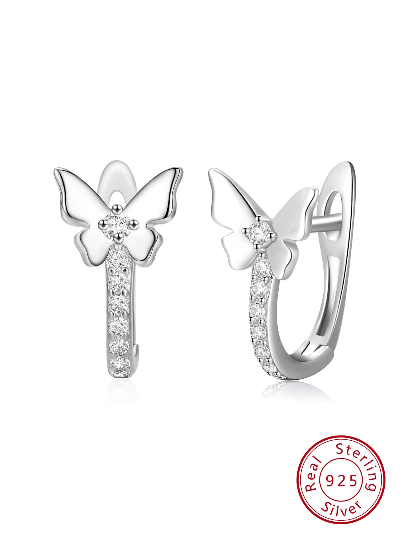 Cubic Zirconia & Butterfly Decor Silver Hoop Earrings For Women Bridal Wedding Fine Jewelry