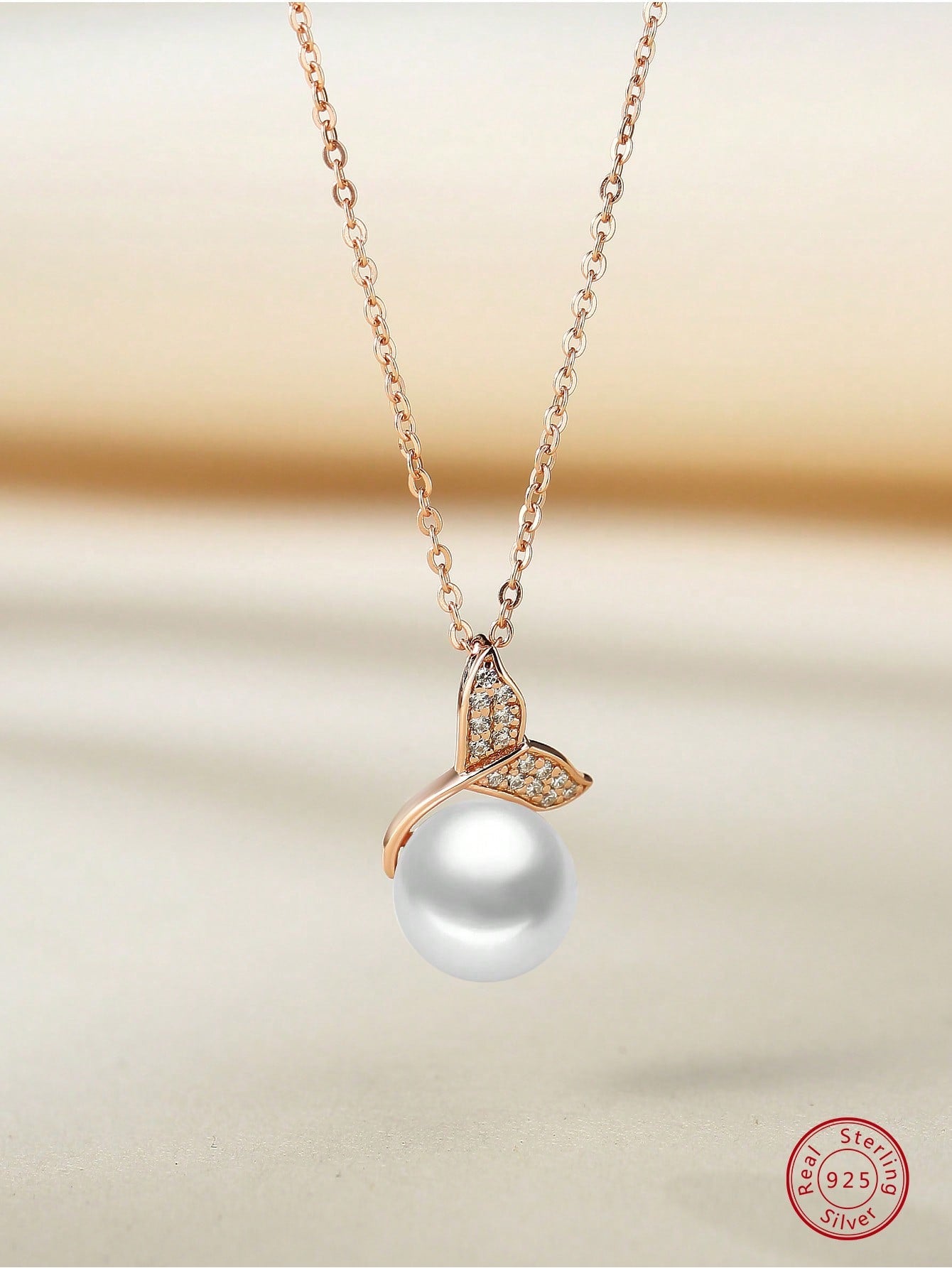 1pc Fashion Cubic Zirconia Fishtail & Faux Pearl Pendant Silver Necklace For Women For Gift