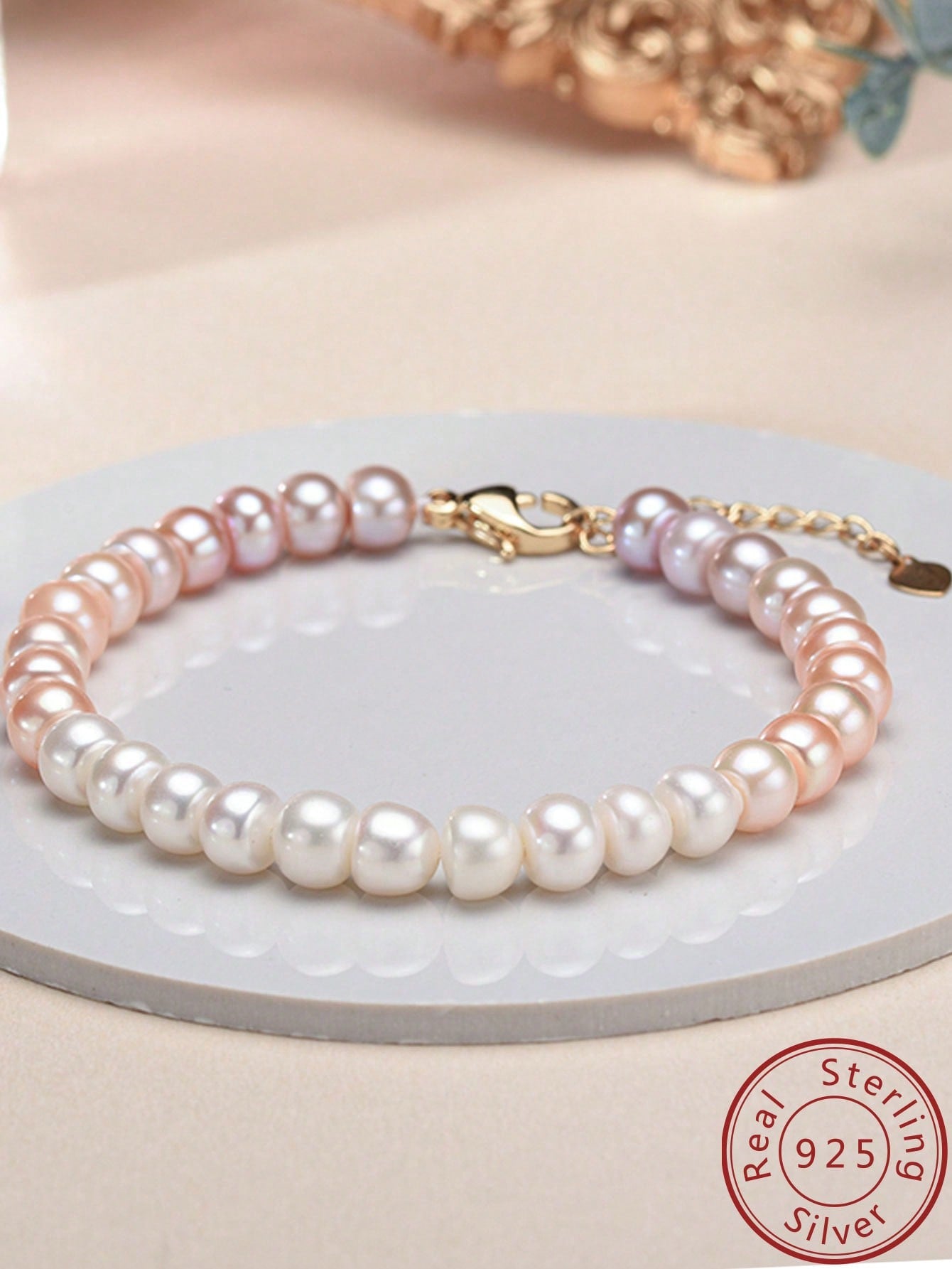 1pc Candy Colored 6-7 MM Cultural Pearl Silver Beaded Bracelet With Clasp, Perfect Gift For Women 16cm+5cm