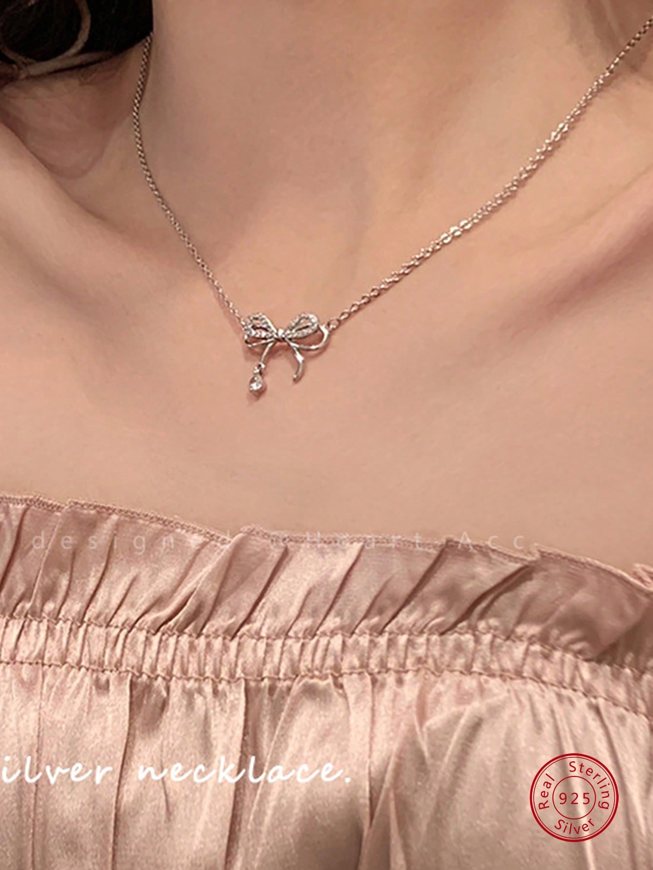 1pc Fashion Cubic Zirconia Decor Bow Silver Pendant Necklace For Women For Daily Decoration