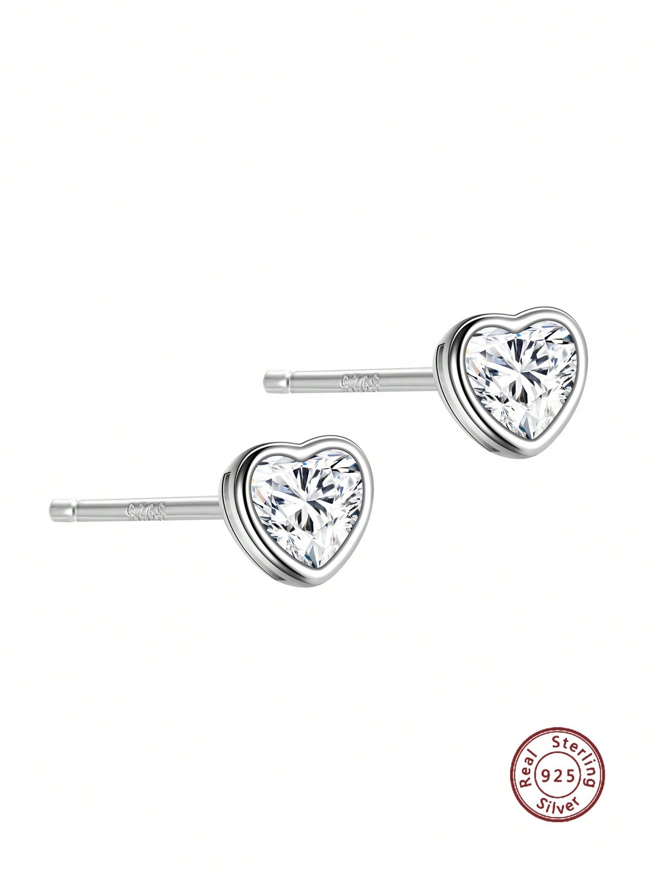 1pair 6 MM Bezel Set Heart Shaped Cubic Zirconia Silver Stud Earrings