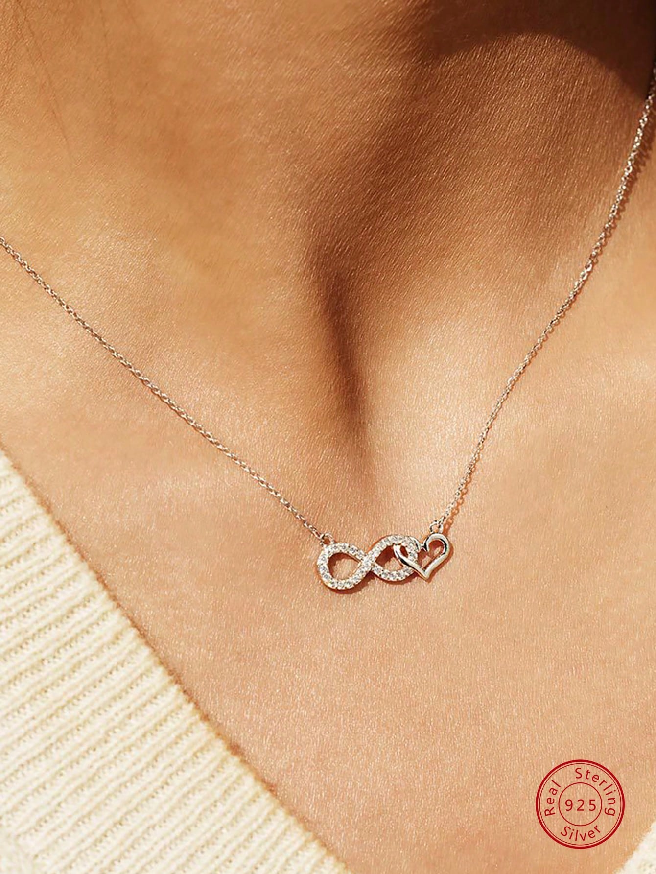 1pc Fashion Cubic Zirconia Infinity Symbol & Heart Silver Pendant Necklace For Women For Daily Decoration