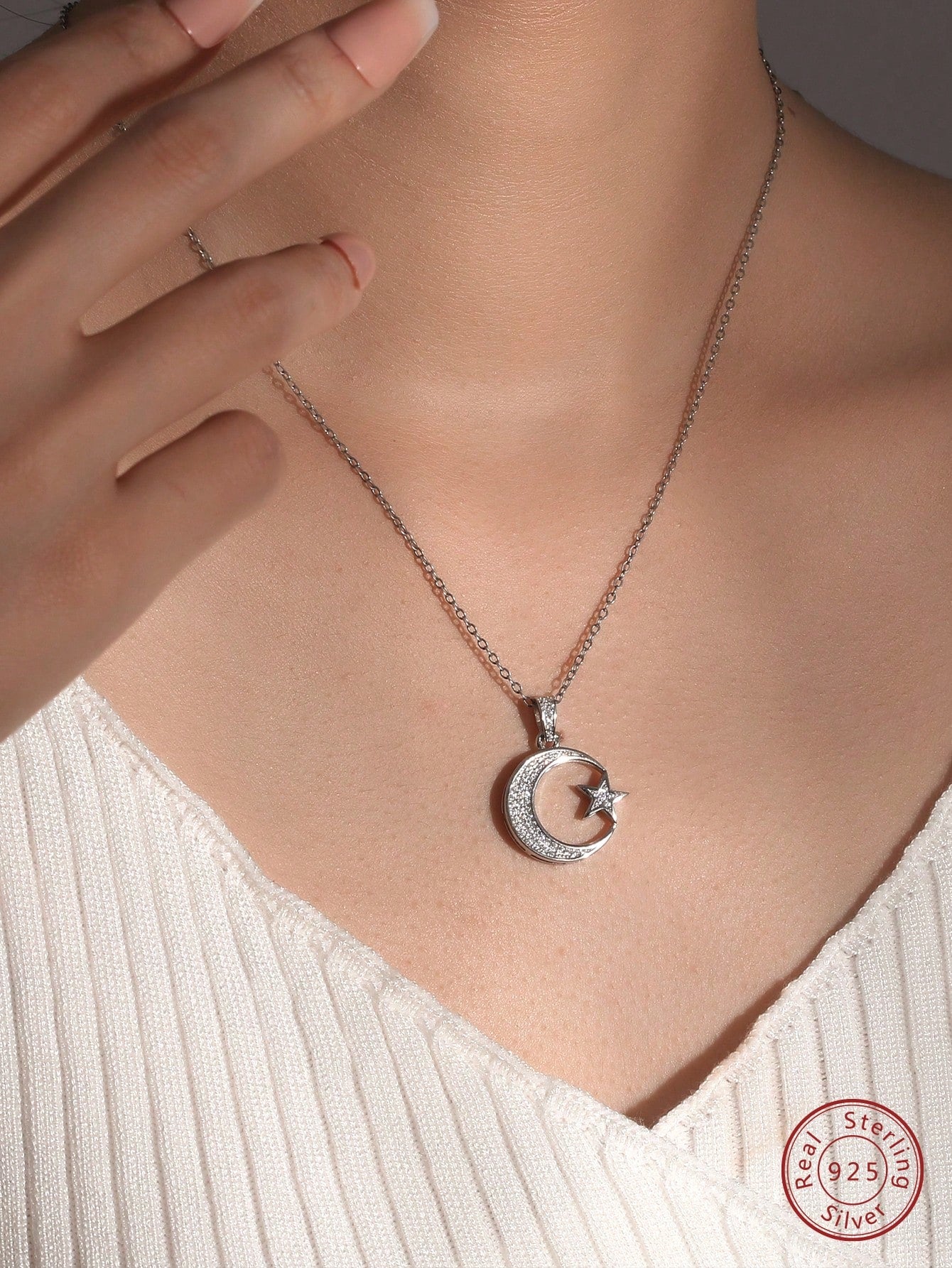 1pc Fashion Silver Cubic Zirconia Moon & Star Pendant Necklace For Women For Daily Decoration