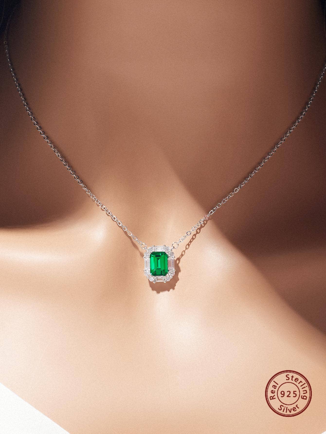 1pc Green Cubic Zirconia Silver Pendant Necklace