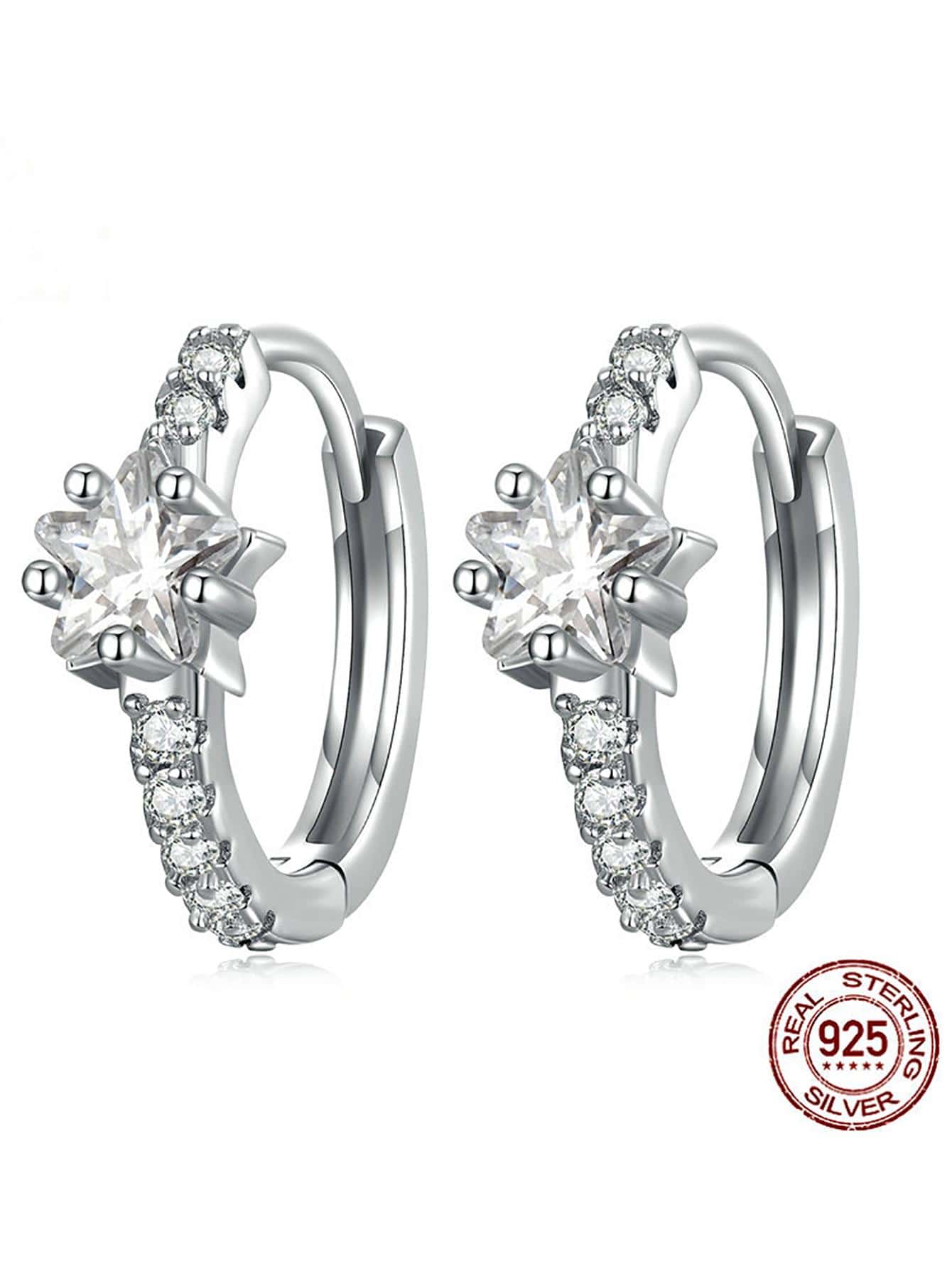 1pair Exquisite Cubic Zirconia Star Decor Silver Hoop Earrings For Women For Daily Decoration