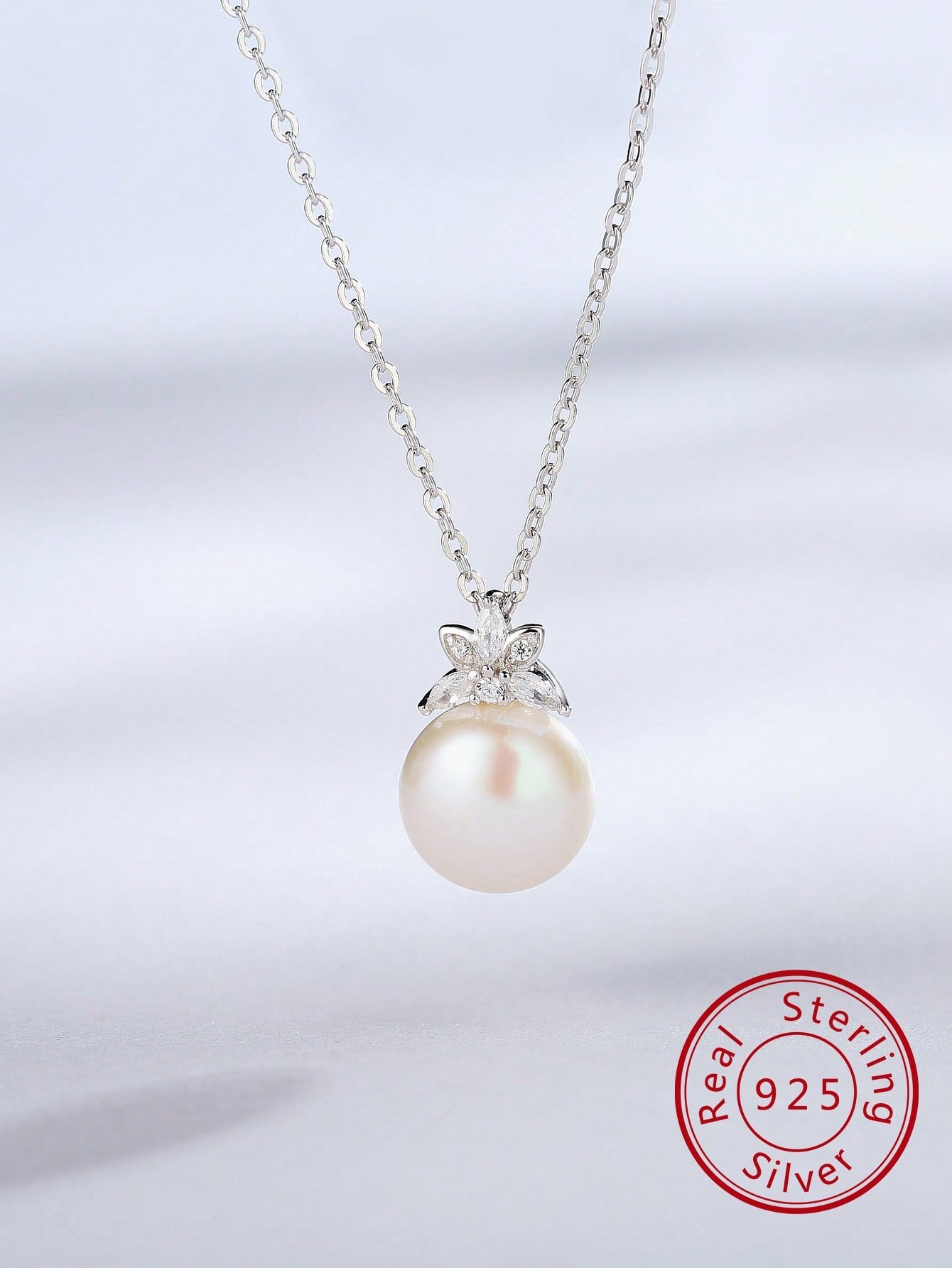 1pc Elegant & Delicate Cultured Pearl & Shimmering Cubic Zirconia Sterling Silver Necklace For Women's Party, Gathering Wear