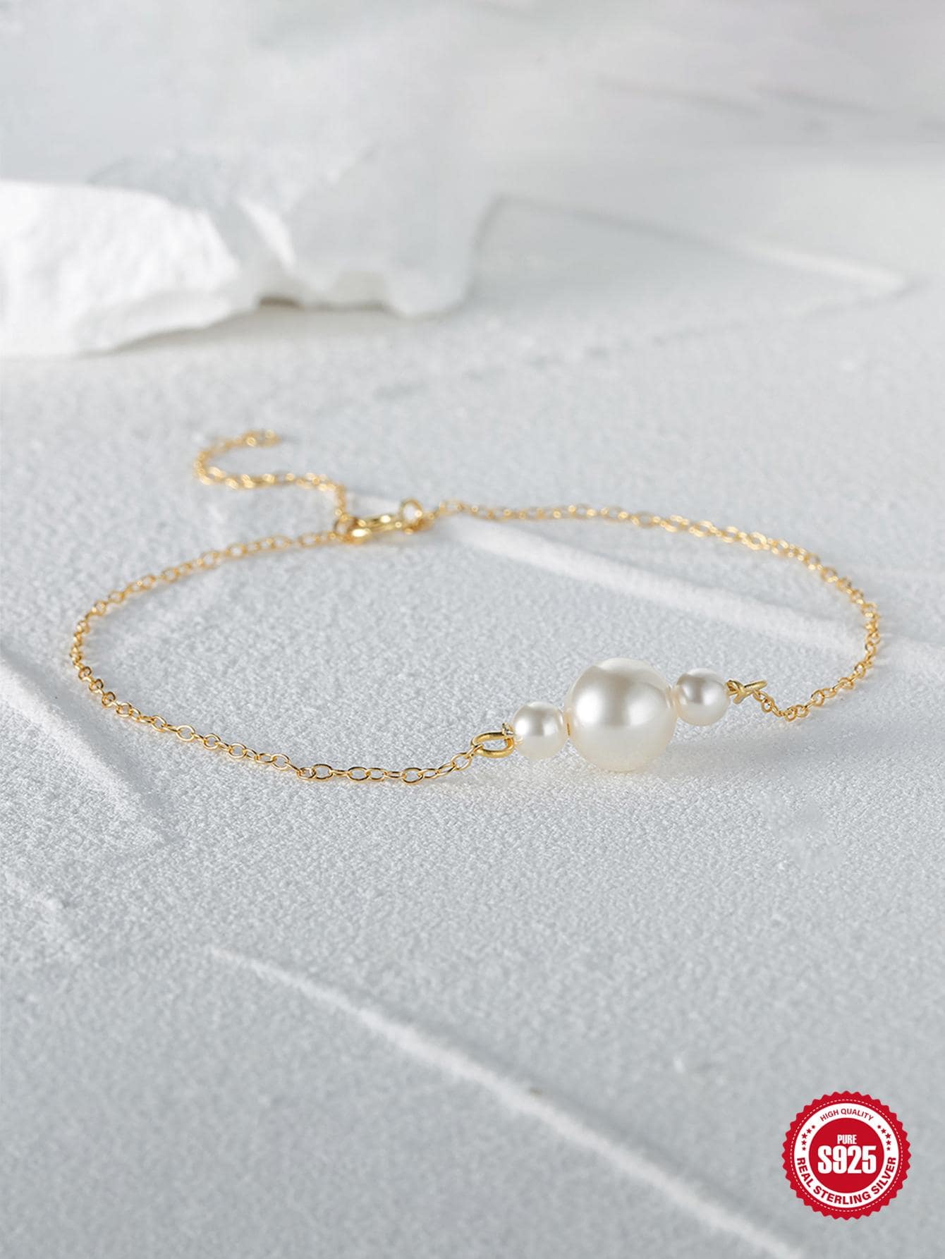 1pc European And American Fashionable Simple & Versatile Faux Pearl Adjustable Silver Chain Bracelet