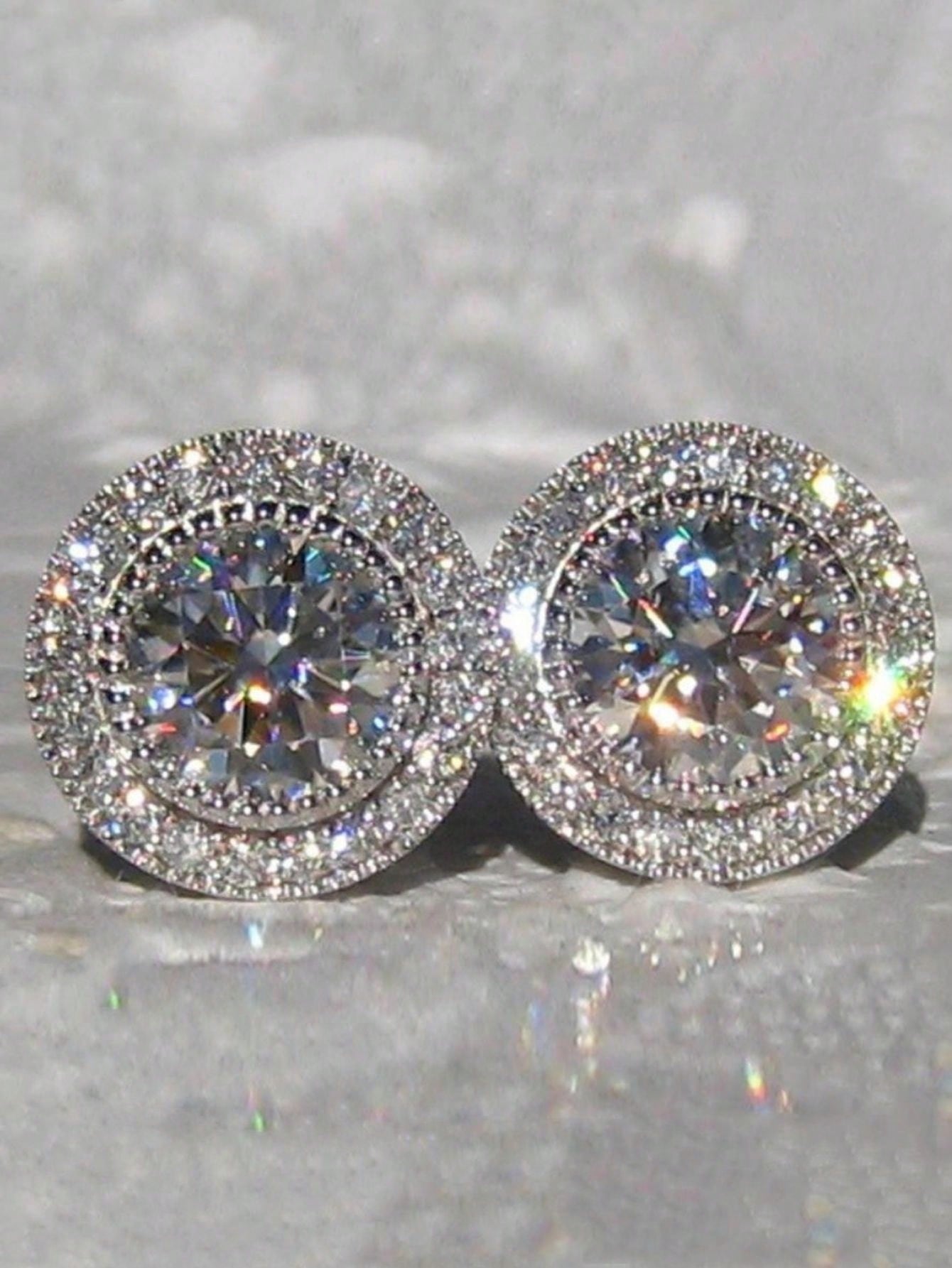 Cubic Zirconia Decor Stud Earrings-Silver-1