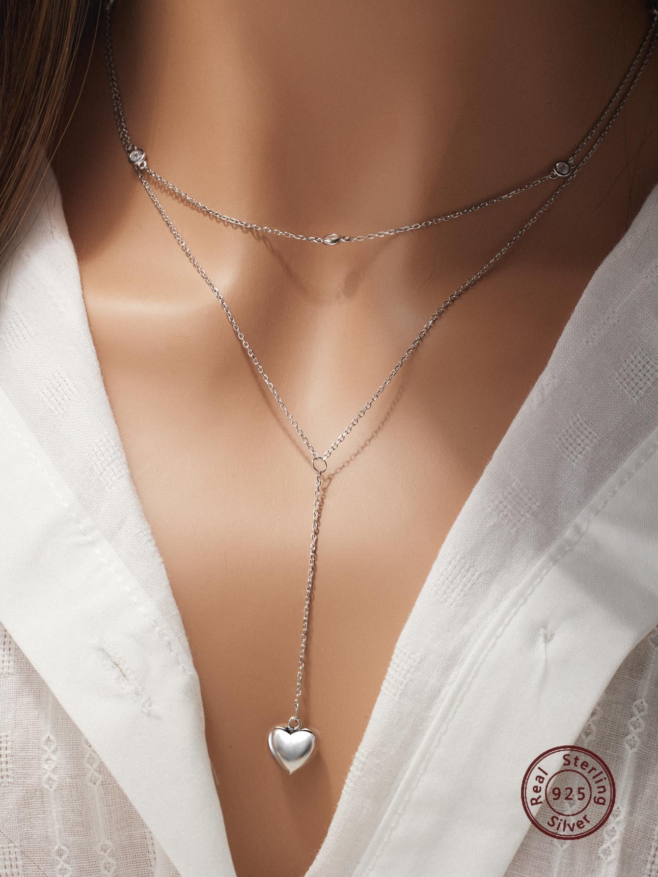 1pc Double Layered Silver Y Lariat Necklace With Cubic Zirconia Decor 3D Heart Pendant