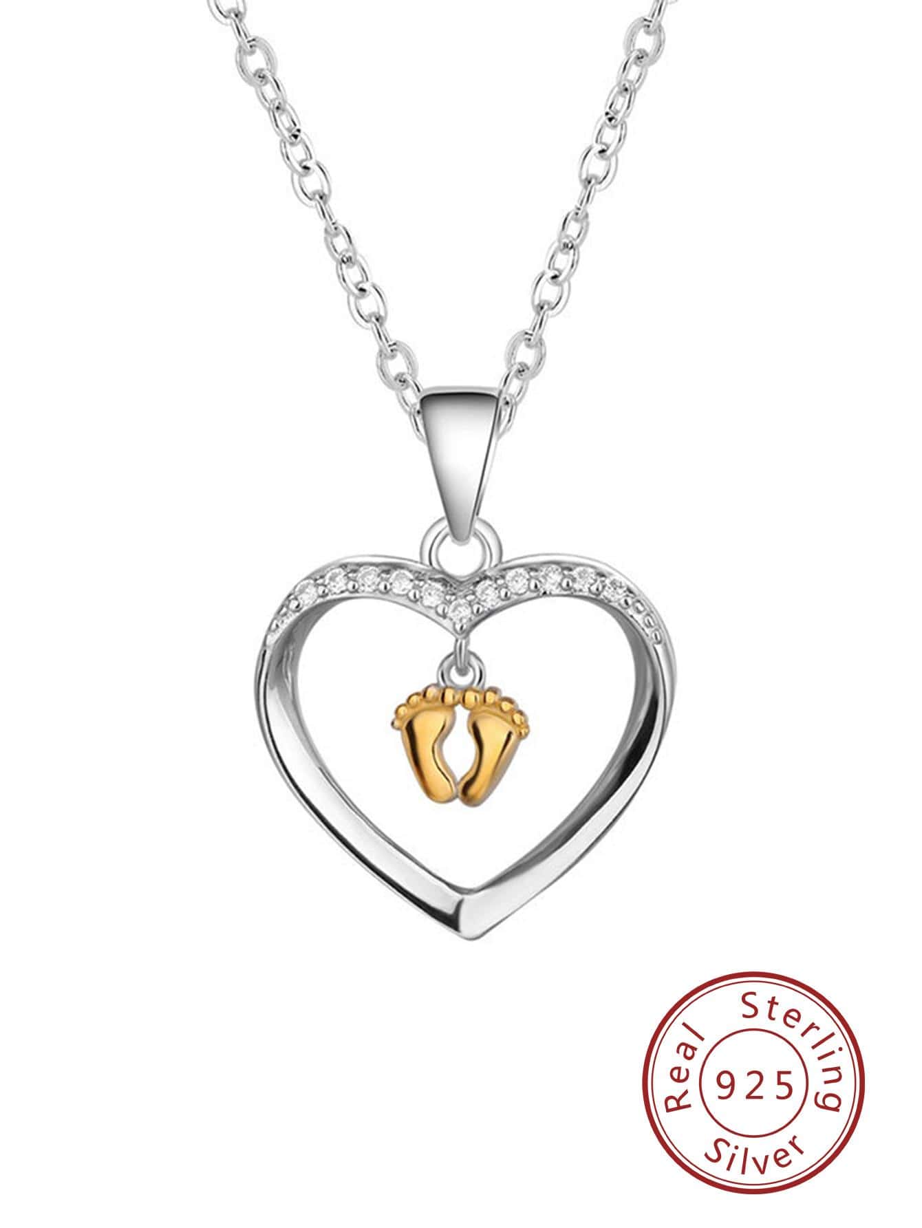 1pc Cubic Zirconia Heart & Footprint & Baby Feet Design Silver Pendant Necklace, Fashionable & Minimalist Mother's Day/Birthday/Party Gift Necklace