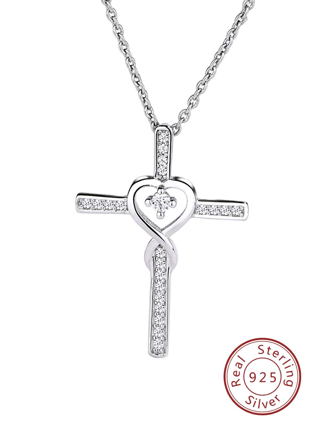 1pc Fashionable Cubic Zirconia Silver Pendant Necklace With Infinity Symbol And Cross Pendant, Simple Gift For Mother's Day, Birthday Or Party