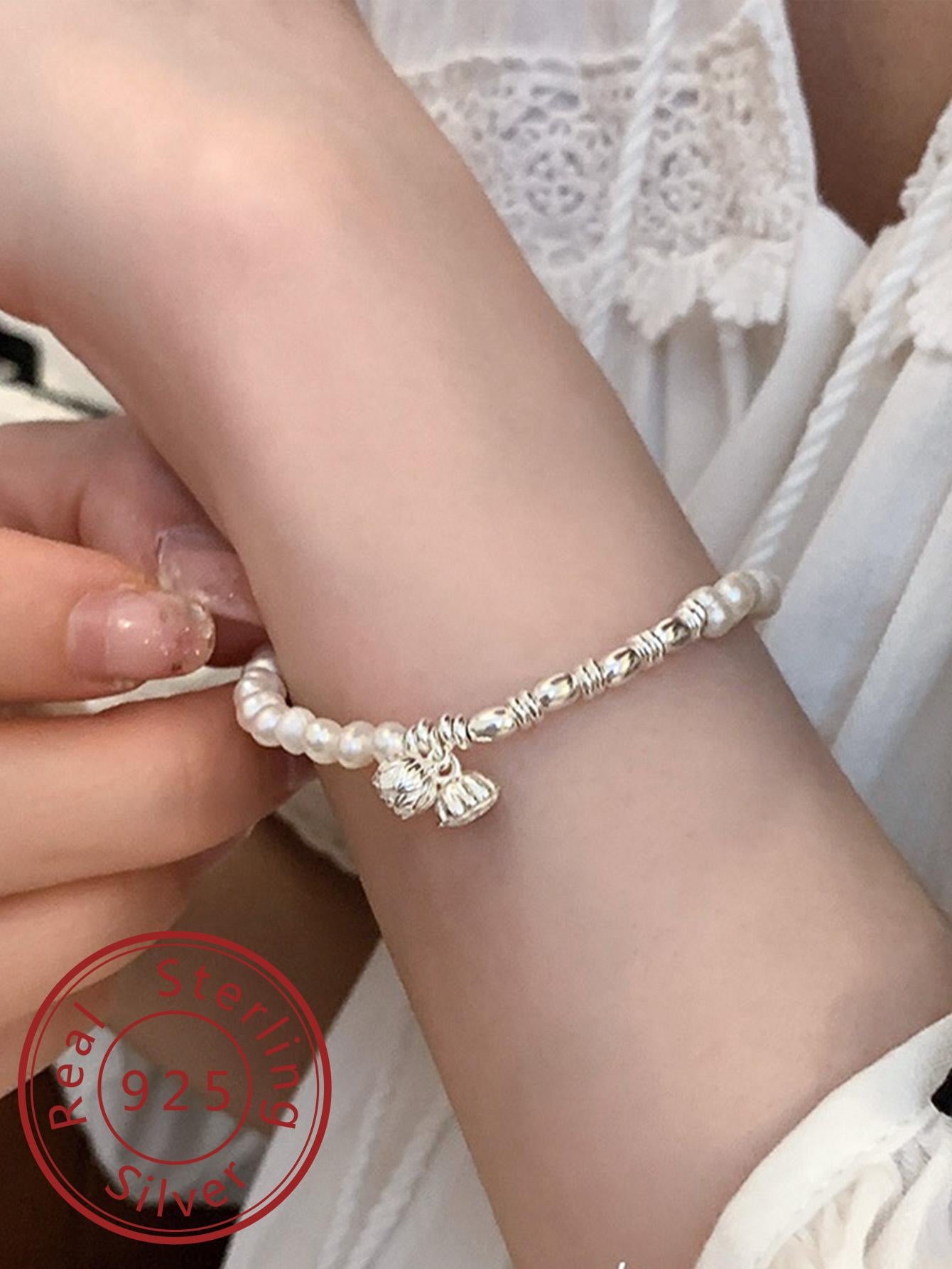 1pc Elegant Lotus Charm Cultured Pearl Beaded Silver Bracelet For Women For Gift