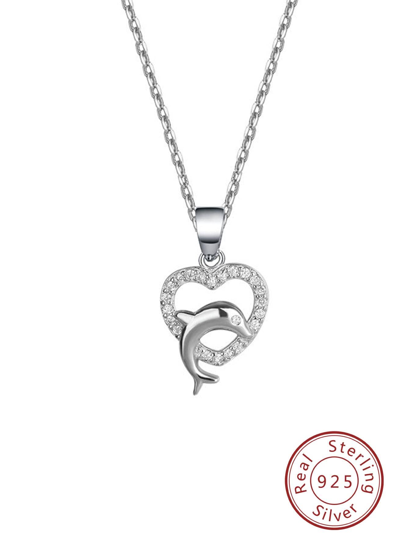 1pc Fashionable Dolphin & Cubic Zirconia Decor Heart Charm Silver Necklace For Women For Gift