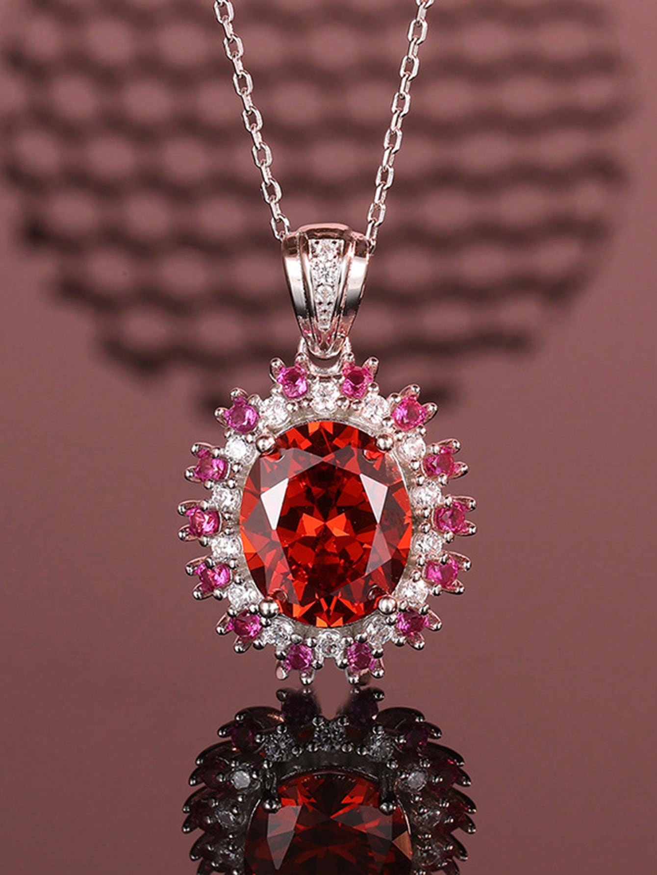 1pc Handmade 925 Silver Pomegranate Red Cubic Zirconia Pendant Necklace, 10*12cm Main Stone, Retro Elegant Bohemia Style Jewelry Accessories For Women, Dinner Parties, Wedding Gifts