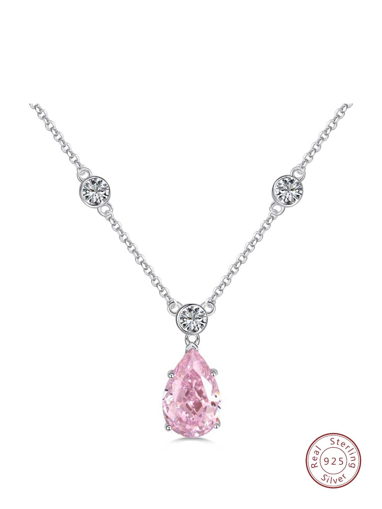 1pc Glamorous Cubic Zirconia Decor Water-drop Silver Pendant Necklace For Women For Gift