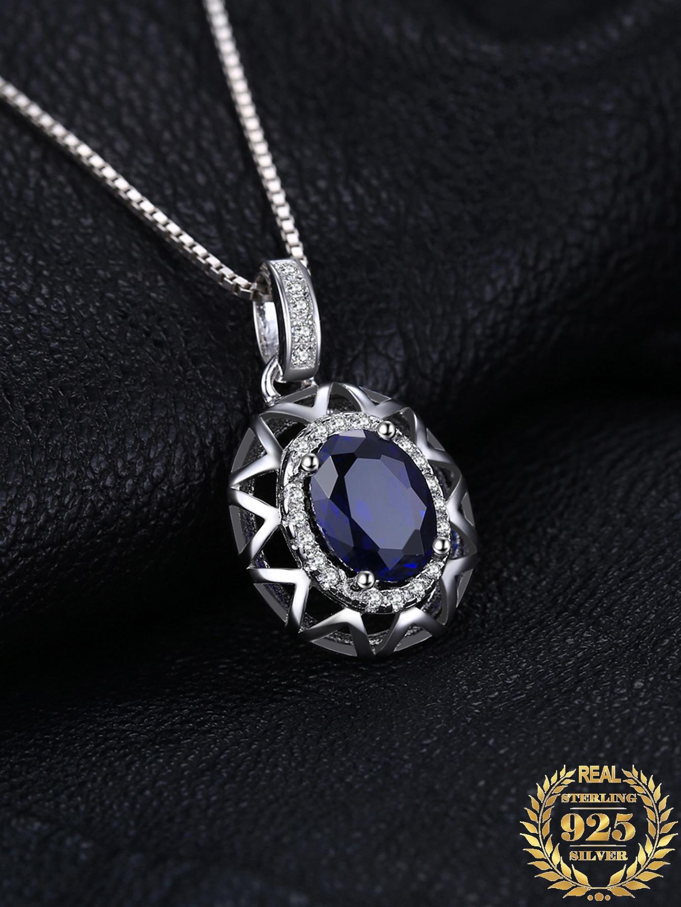 1pc Elegant and Glamorous Sterling Silver Hollow Out Design Exquisite Oval Cut Laboratory-created Blue Sapphire Silver Pendant Necklace For Women For Dating Gift For Prom Party Banquet Fine Jewelry