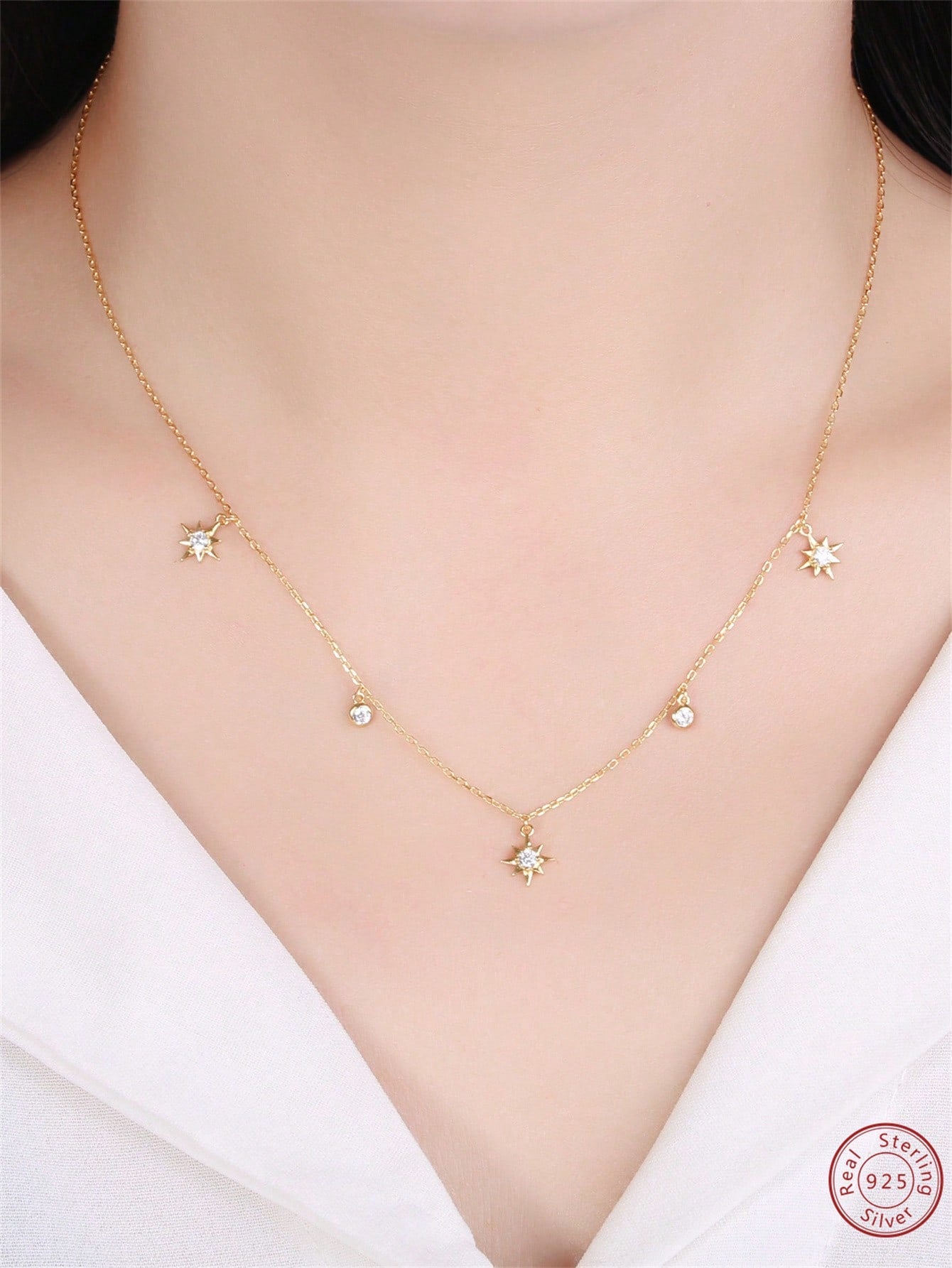 1pc Exquisite Cubic Zirconia Decor Star & Round Charm Sterling Silver Chain Necklace For Women For Gift