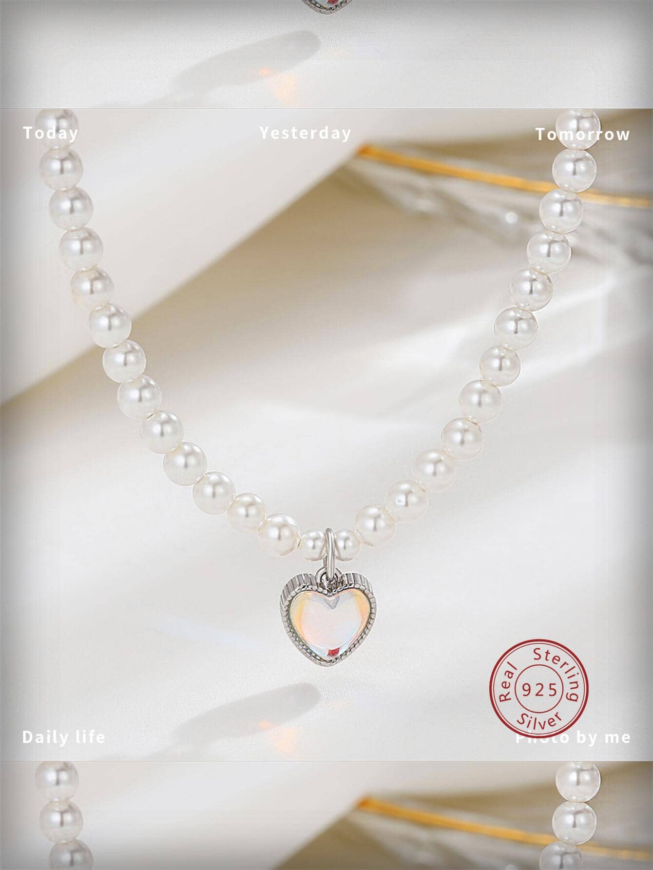 1pc Elegant Silver Heart Charm Faux Pearl Pendant Necklace For Women For Daily Decoration