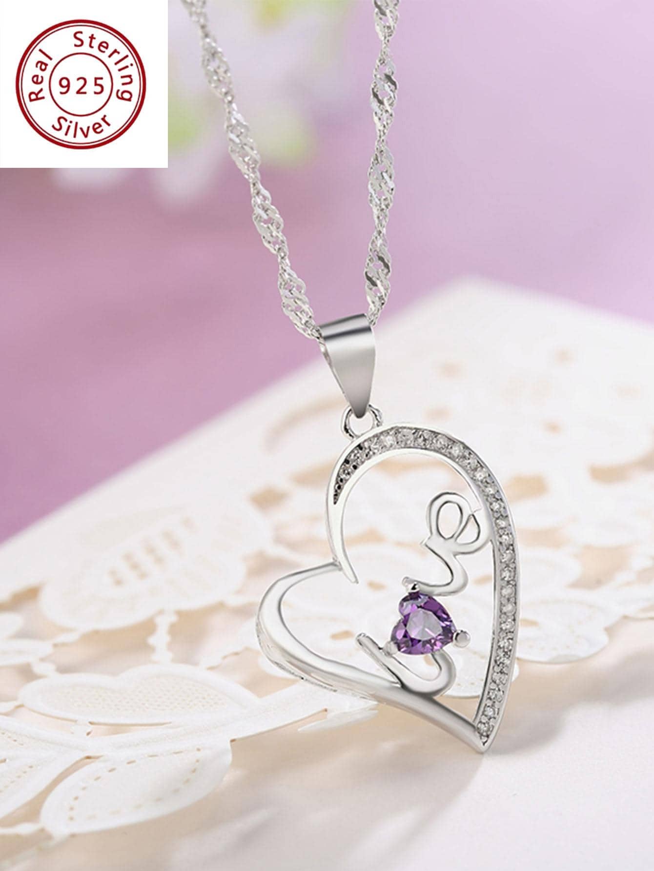 1pc Fashionable Cubic Zirconia & Letter Decor Heart Charm Silver Necklace For Women For Gift