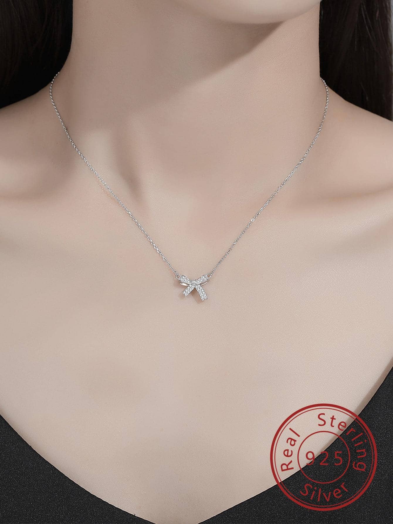 1pc Inlaid Bowknot Silver Pendant Necklace, Exquisite & Fashionable Gift