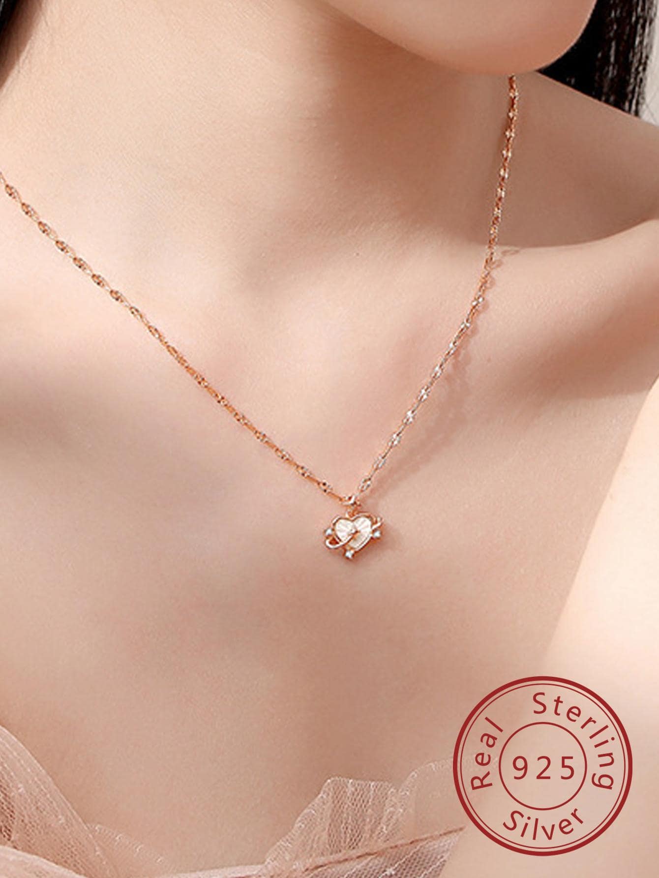 1pc Fashionable Cubic Zirconia Decor Heart Charm Silver Necklace For Women For Valentine's Day Gift