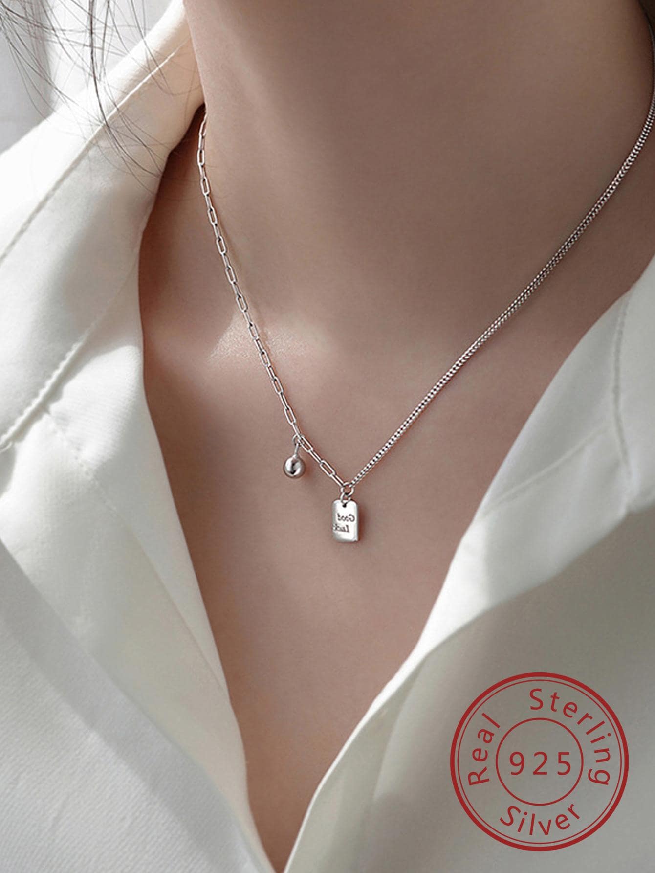 1pc Fashion Slogan Graphic Rectangle & Round Ball Pendant Silver Necklace For Women For Daily Decoration