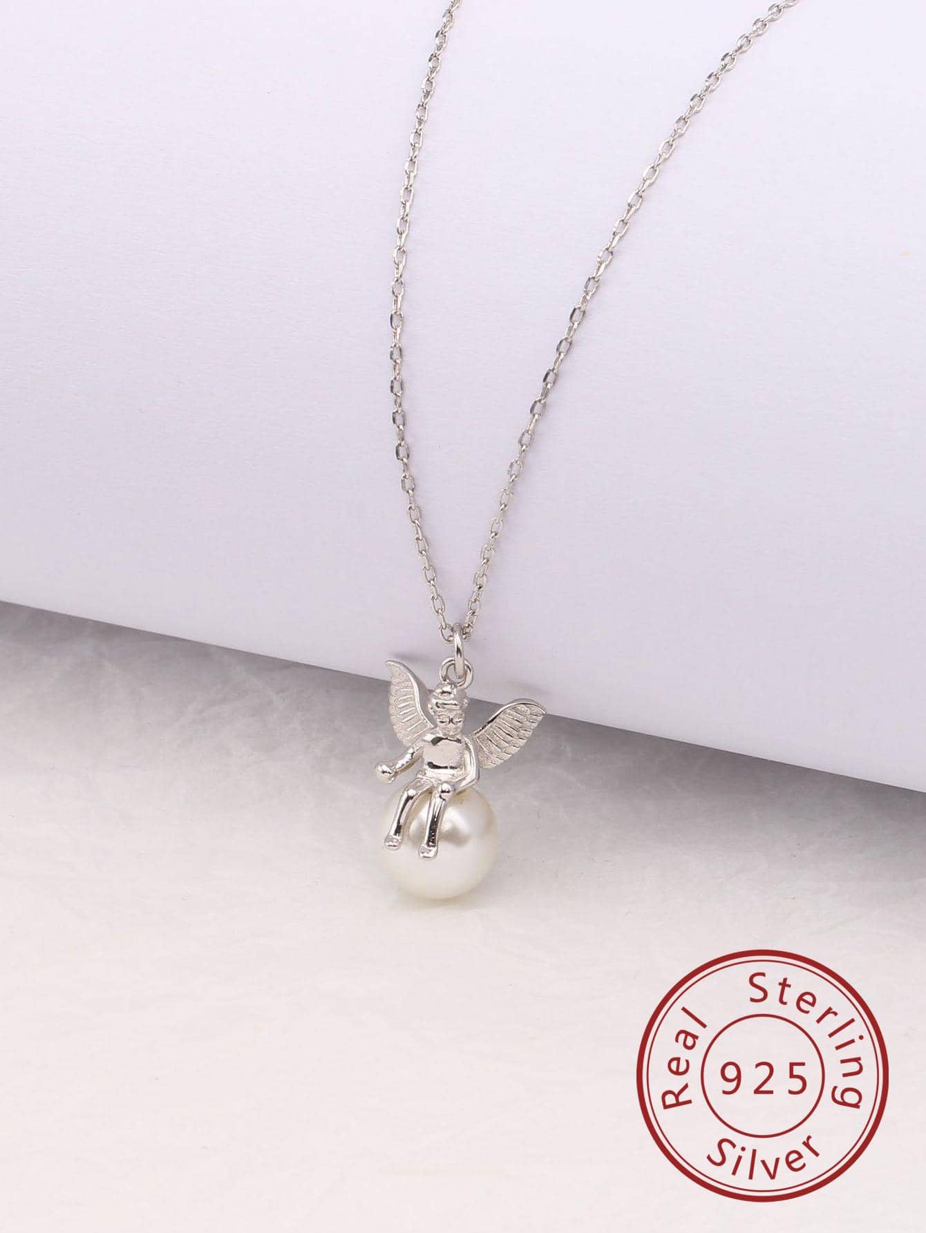 1pc Fashion Cultured Pearl Decor Angel Pendant Silver Necklace For Women For Gift