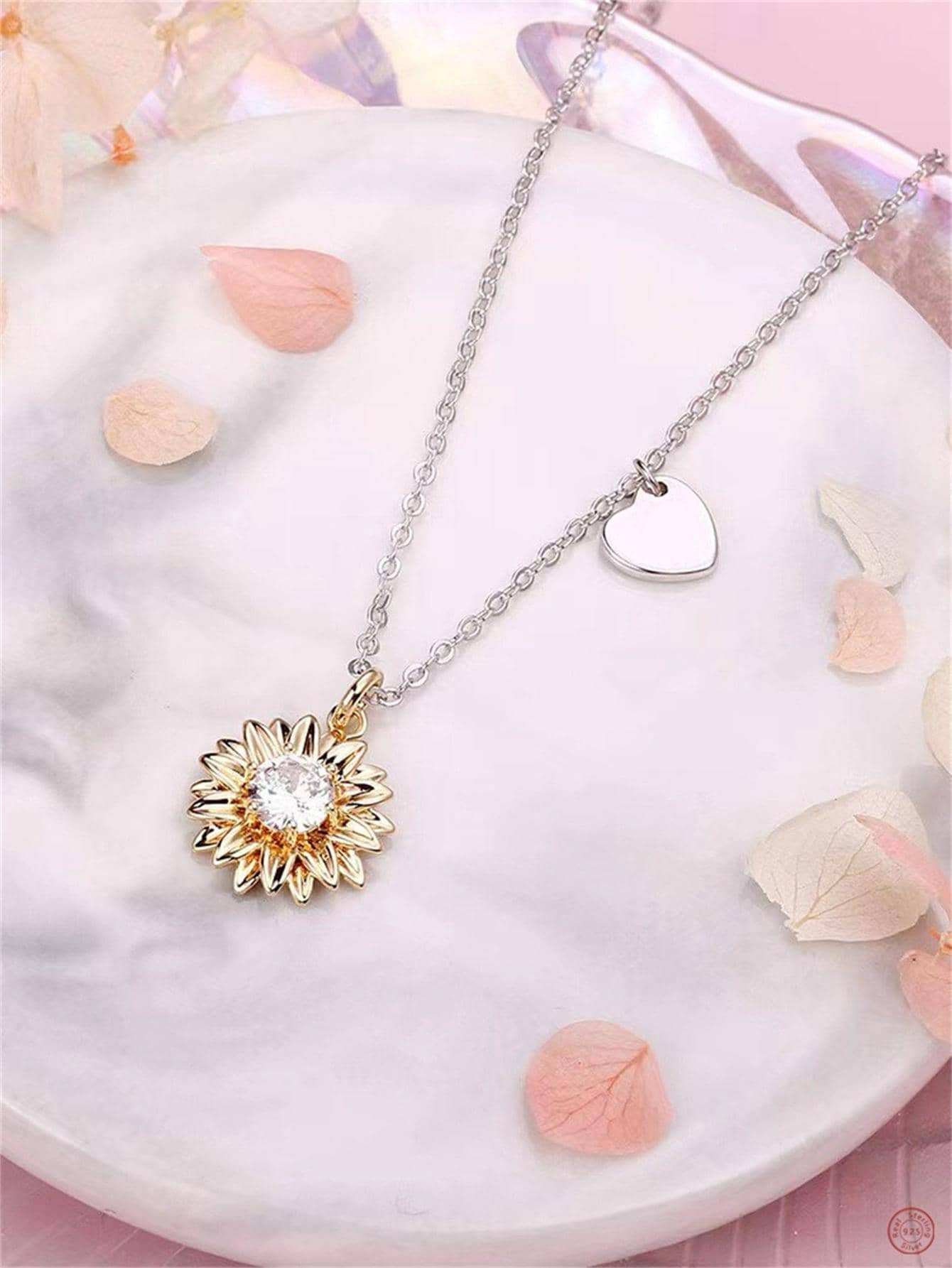 1pc Fashion Cubic Zirconia Decor Flower & Heart Pendant Silver Necklace For Women For Gift