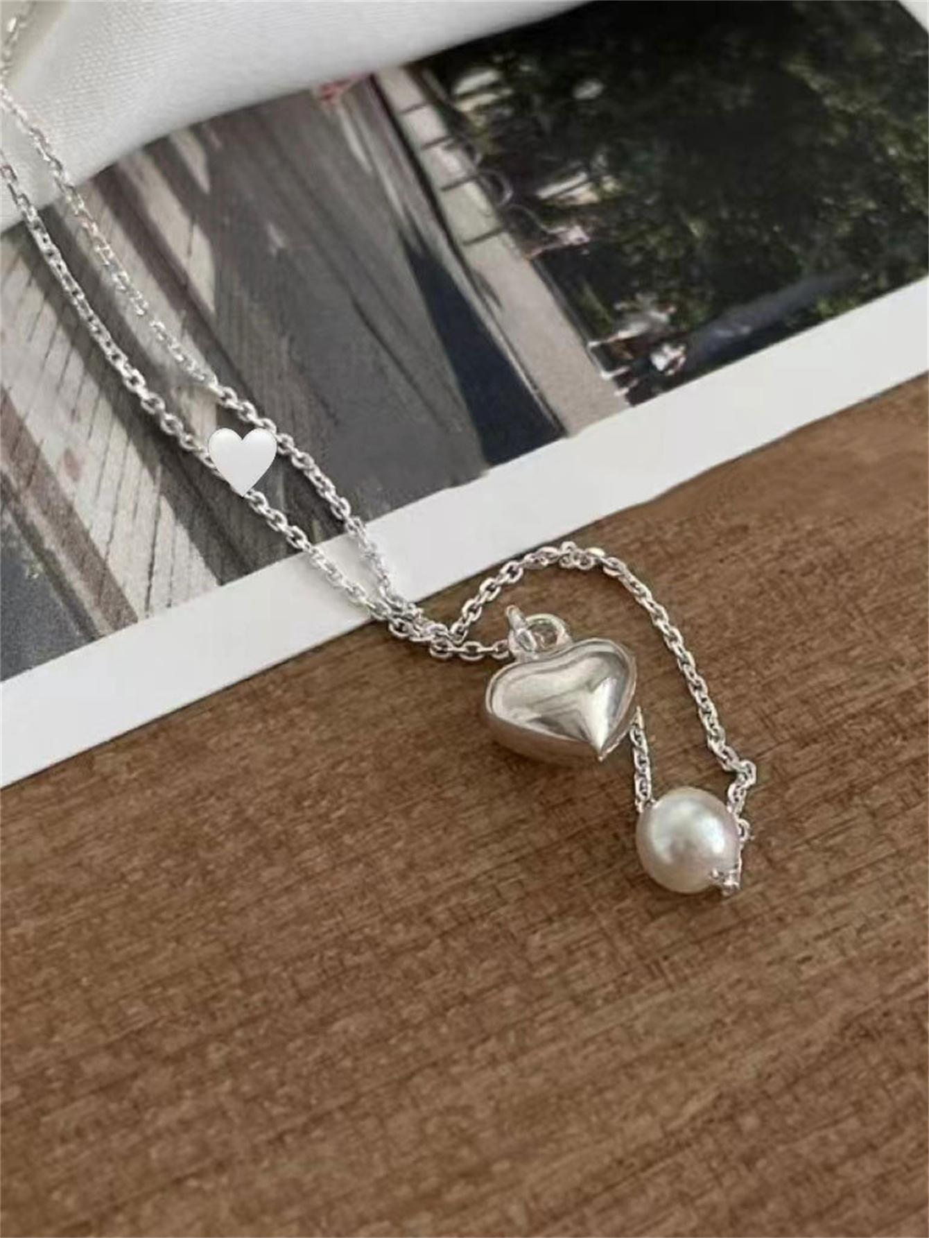 1pc Fashion Sterling Silver Heart & Faux Pearl Pendant Necklace For Women For Festival Gift