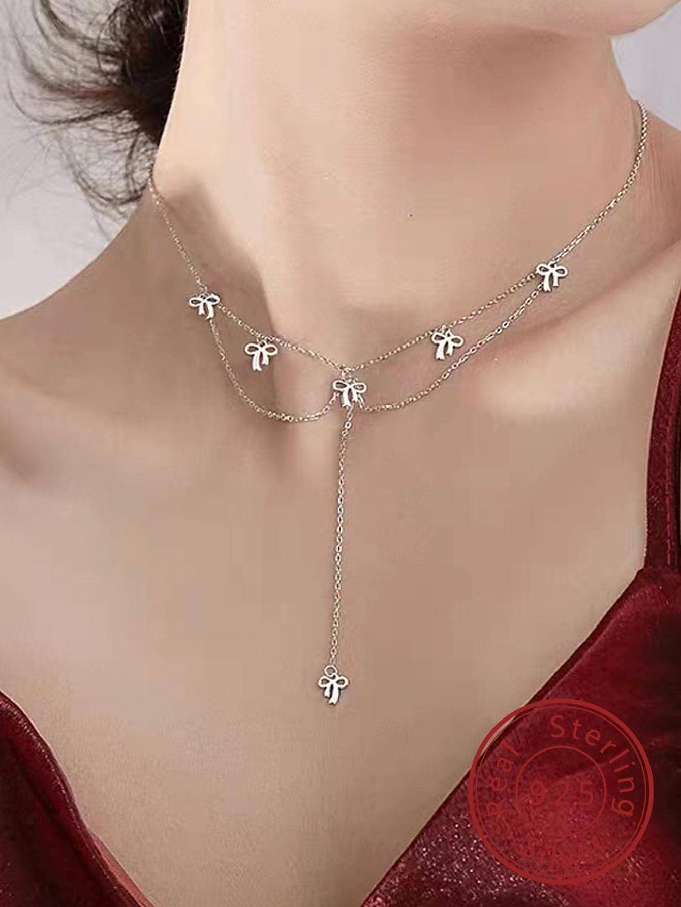 1pc Fashion Sterling Silver Bow Decor Y Lariat Necklace For Women For Daily Life