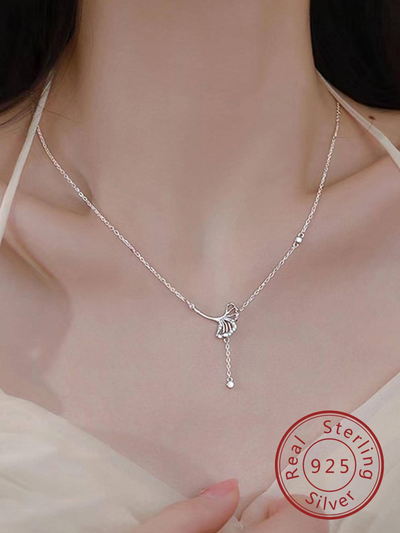 1pc Fashion Cubic Zirconia Ginkgo Biloba Decor Silver Y Lariat Necklace For Women For Mother's Day Gift