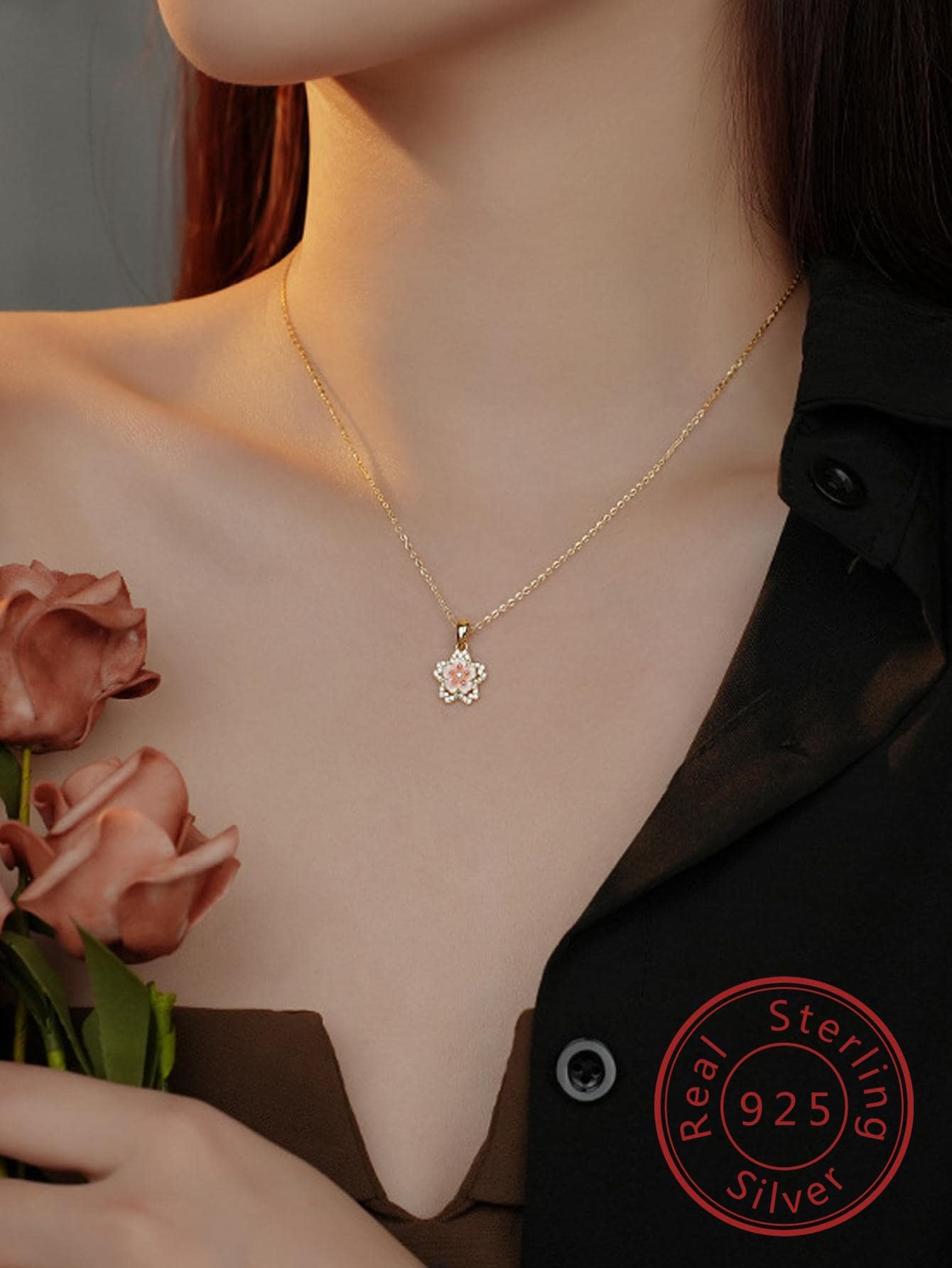 1pc Fashionable Cubic Zirconia & Faux Pearl Decor Flower Pendant Sterling Silver Necklace For Women For Daily Decoration