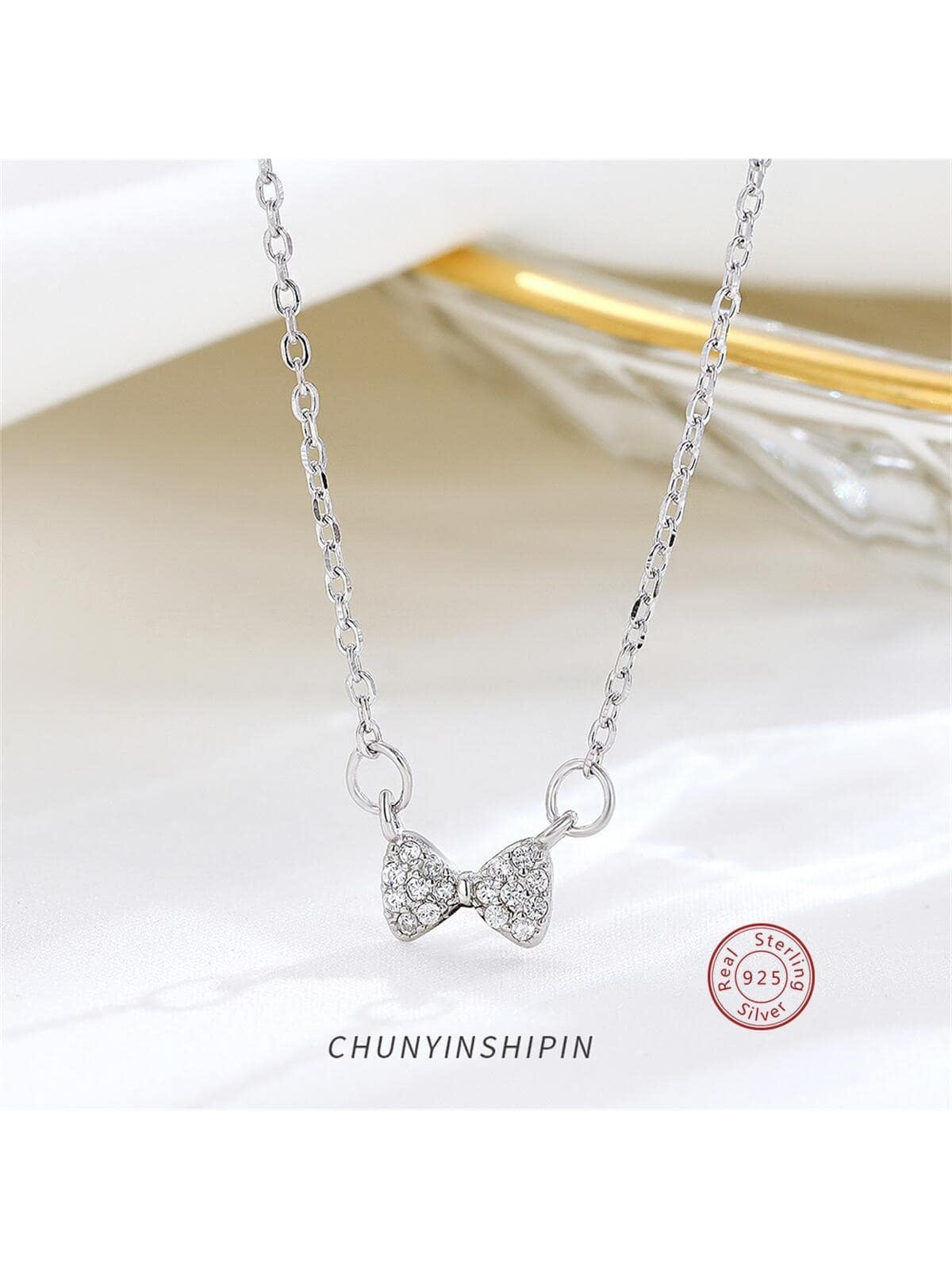 1pc Glamorous Rhinestone Decor Bow Sterling Silver Pendant Necklace For Women For Wedding Party Jewelry Valentine's Day Gift